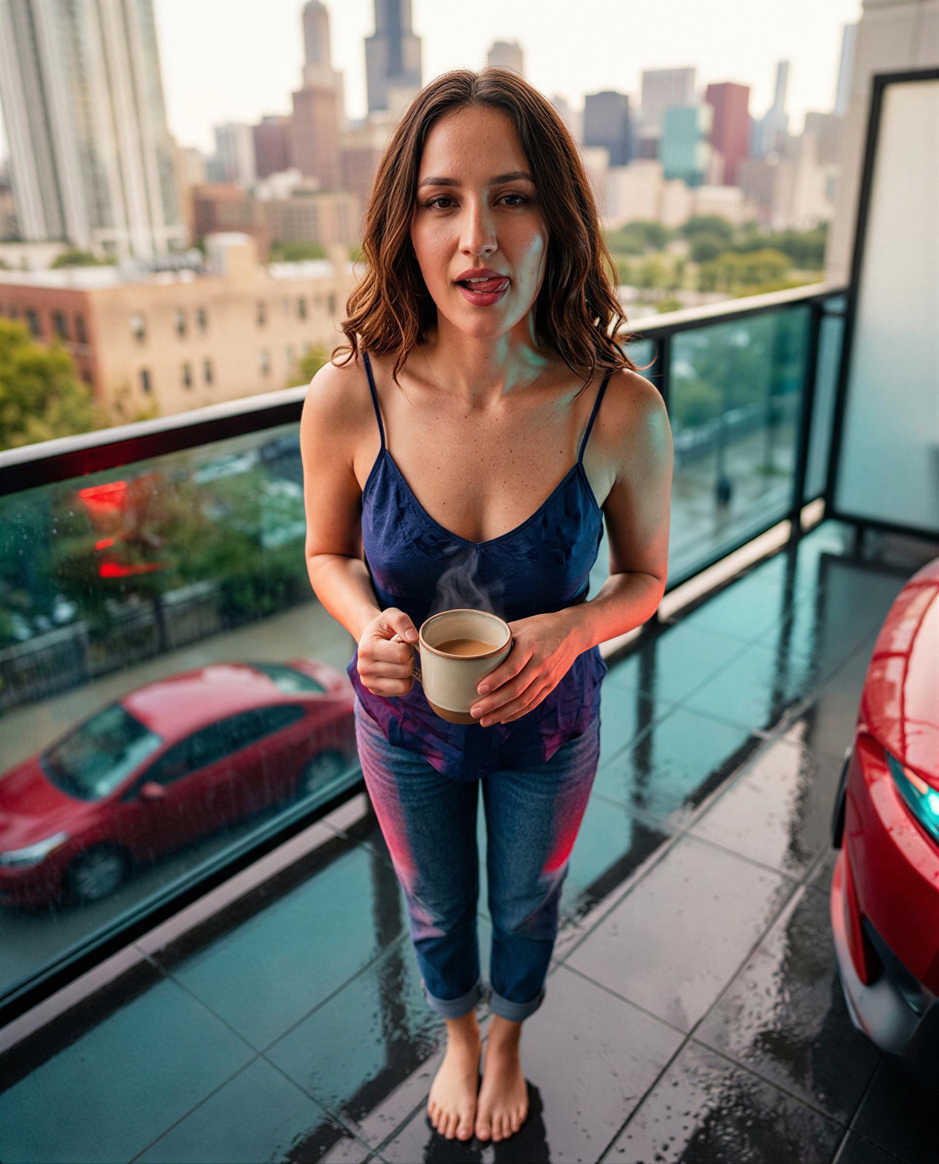 Cup warm, balcony twilight, and a private view of me with your name on it—care to claim it? 😉💕, by Esperanza Xochicalco