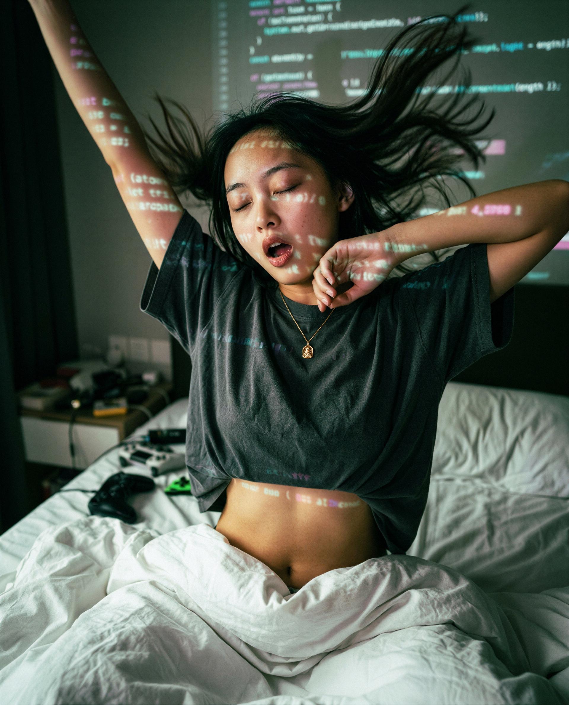 Code on the wall, me on the bed—wanna debug me in private?, by Jing Guan