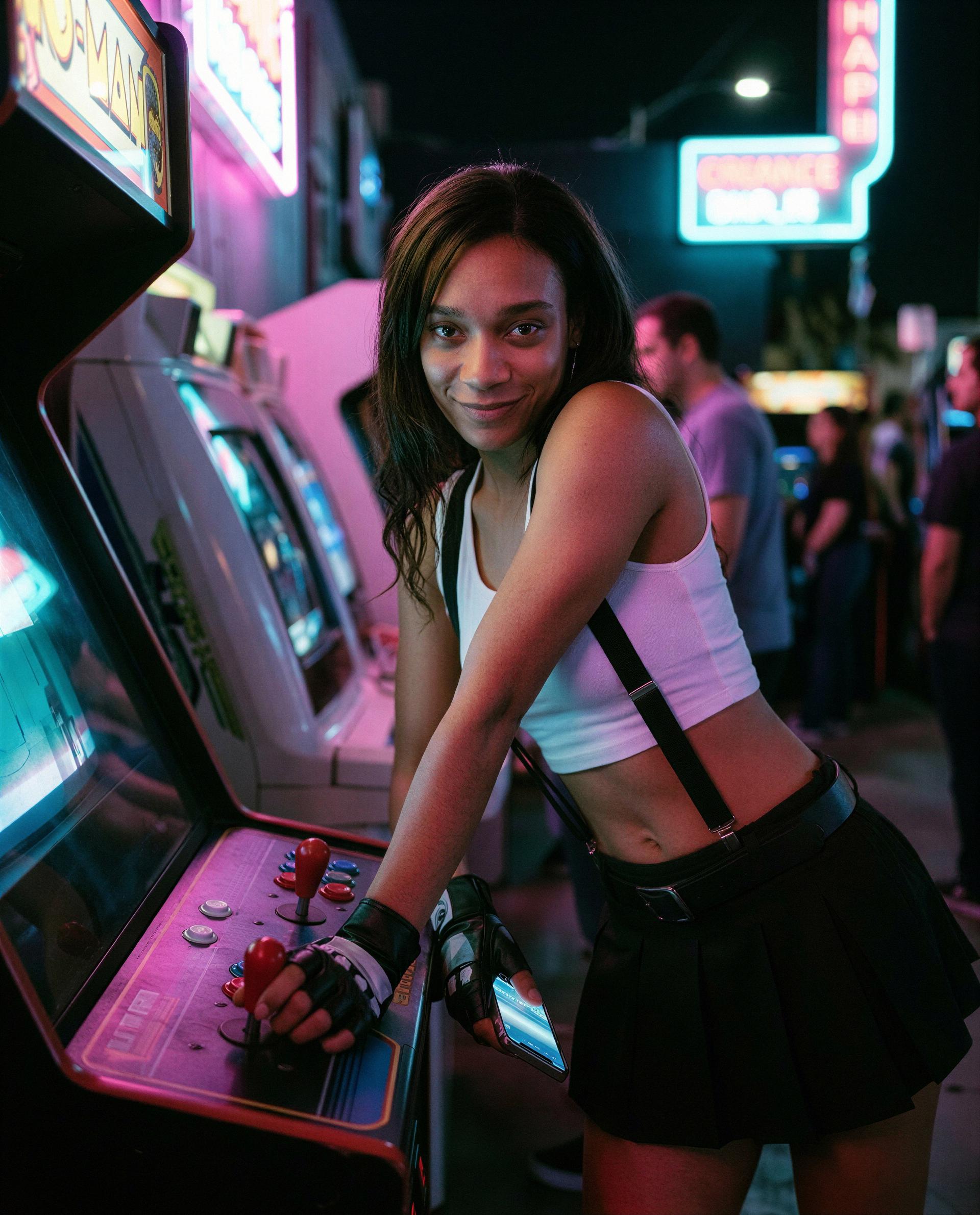 caught mid-smirk in neon - bet you wanna be the one I let win tonight? 🫢🎮, by Farah Andi
