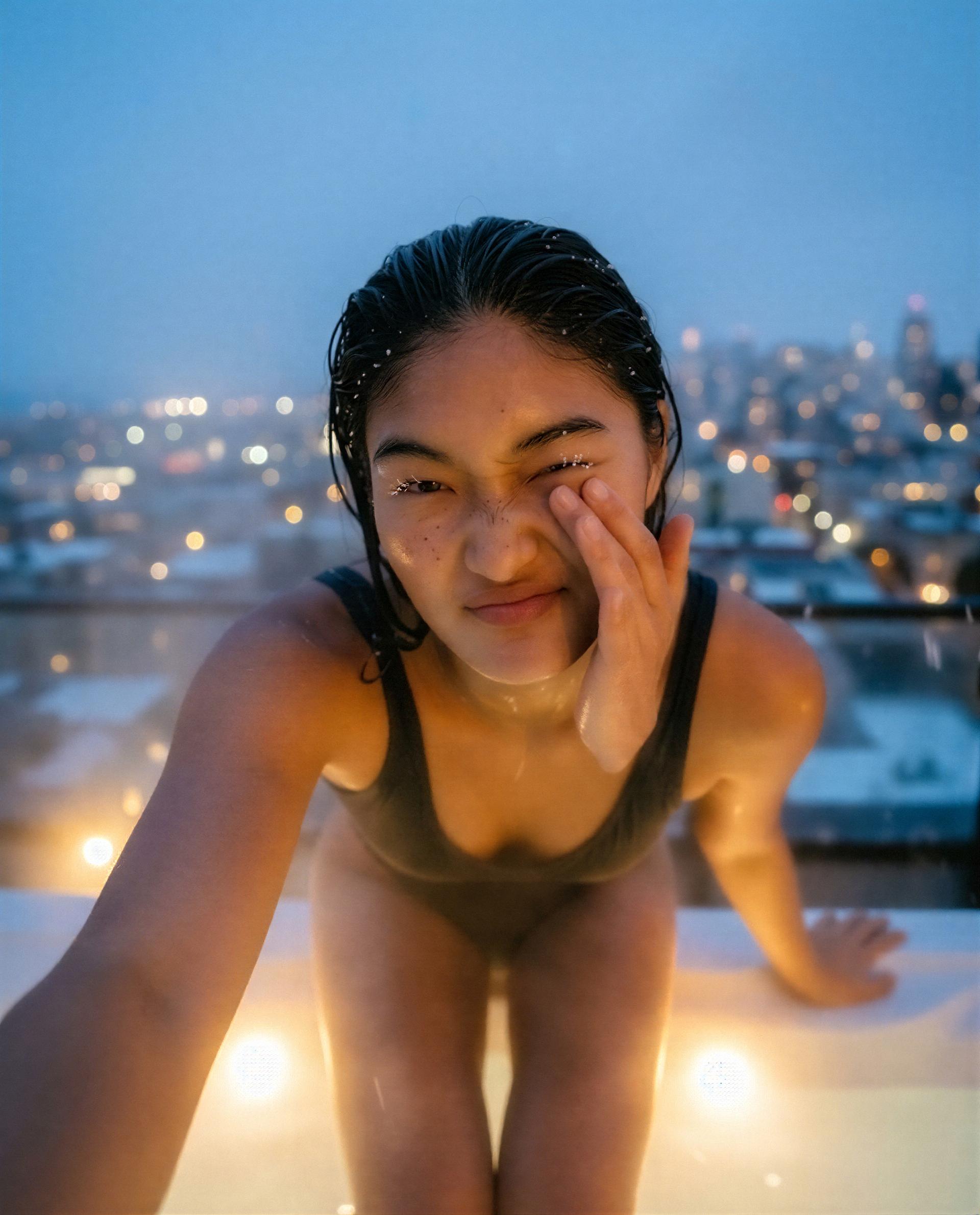 City lights, warm water, and me—wanna be my favorite late-night view? 😉, by Priya Toktogul