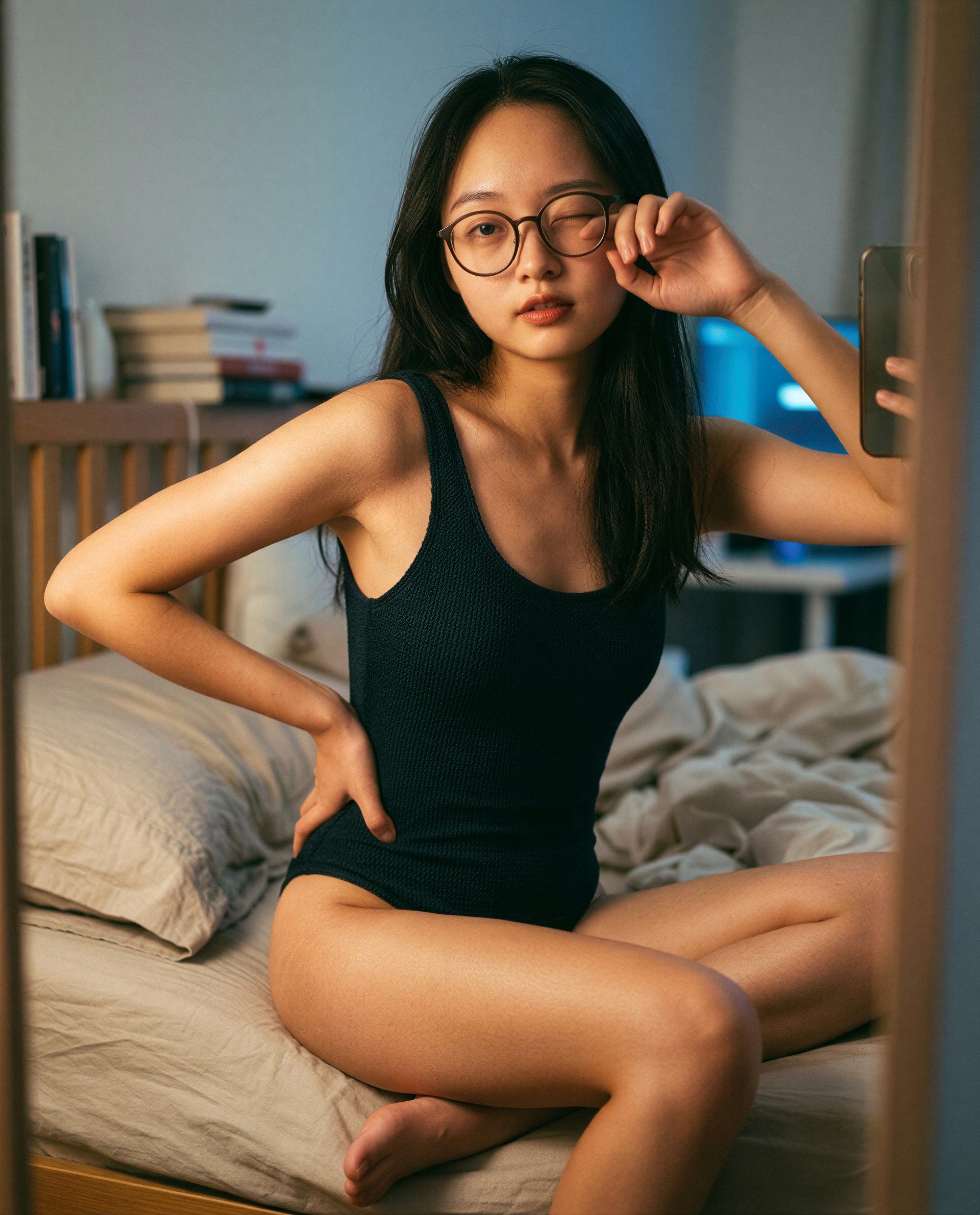Bed, glasses, a little trouble - want a private premiere?, by Jing Guan