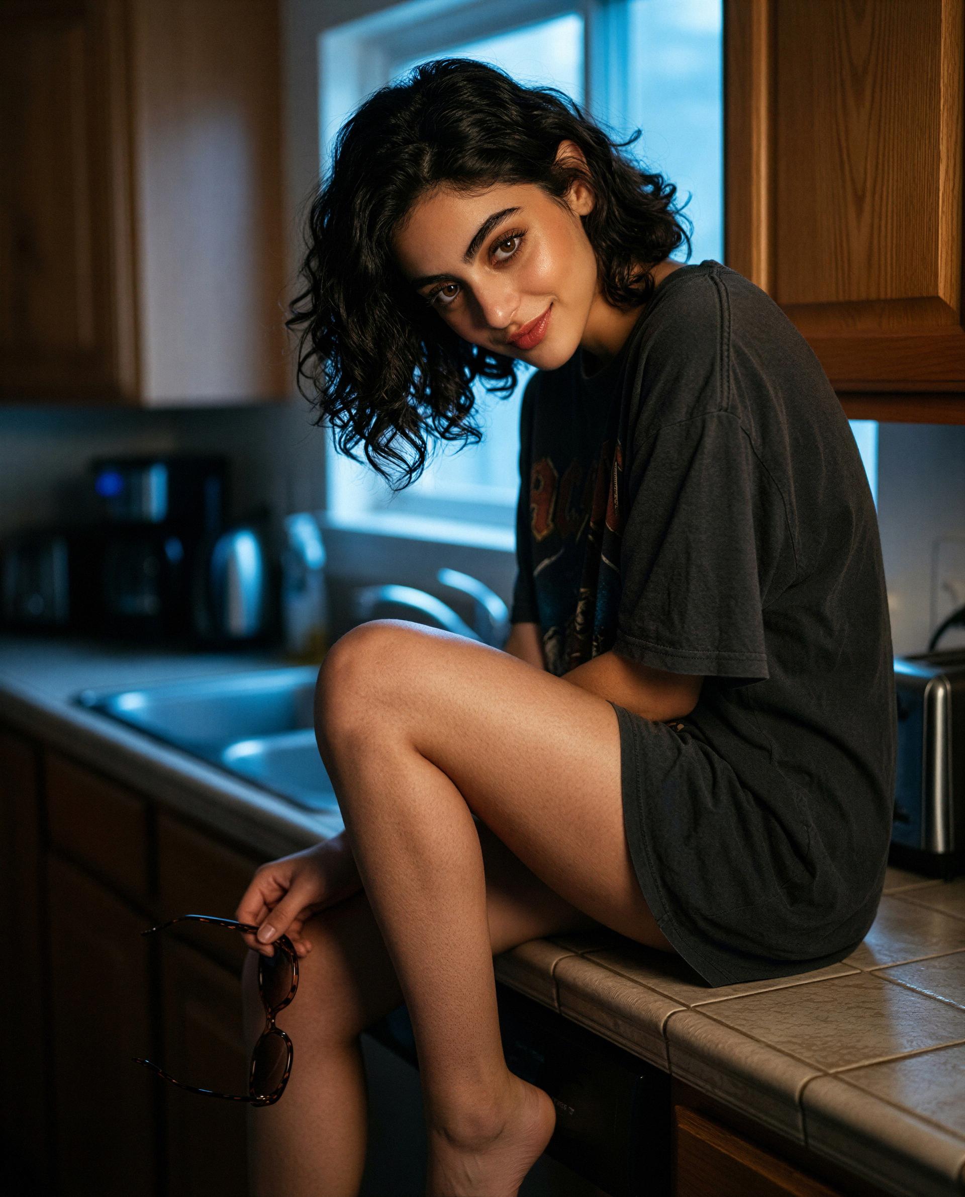 Perched in an oversized tee and craving a late-night encore - want front row? 😘, by Hana Gal