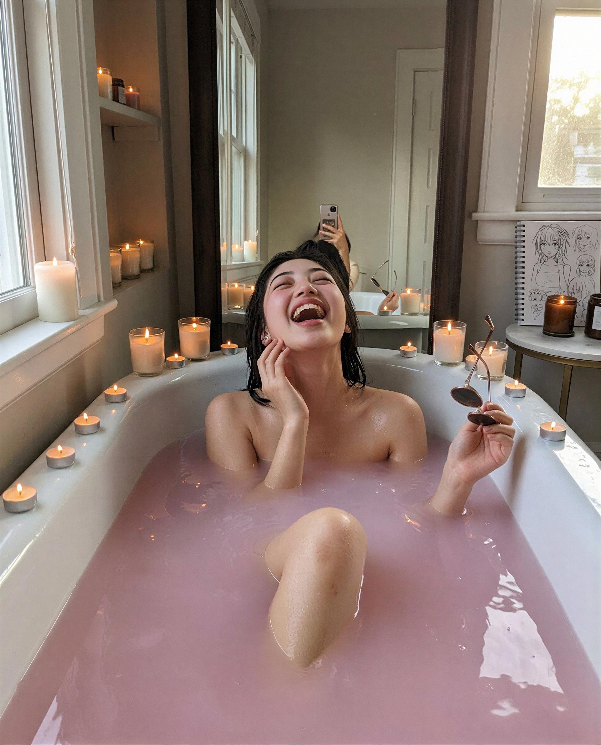 Candles, pink water, and me—ready to get a little closer, babe? 😉💕, by Shirin Thongchai
