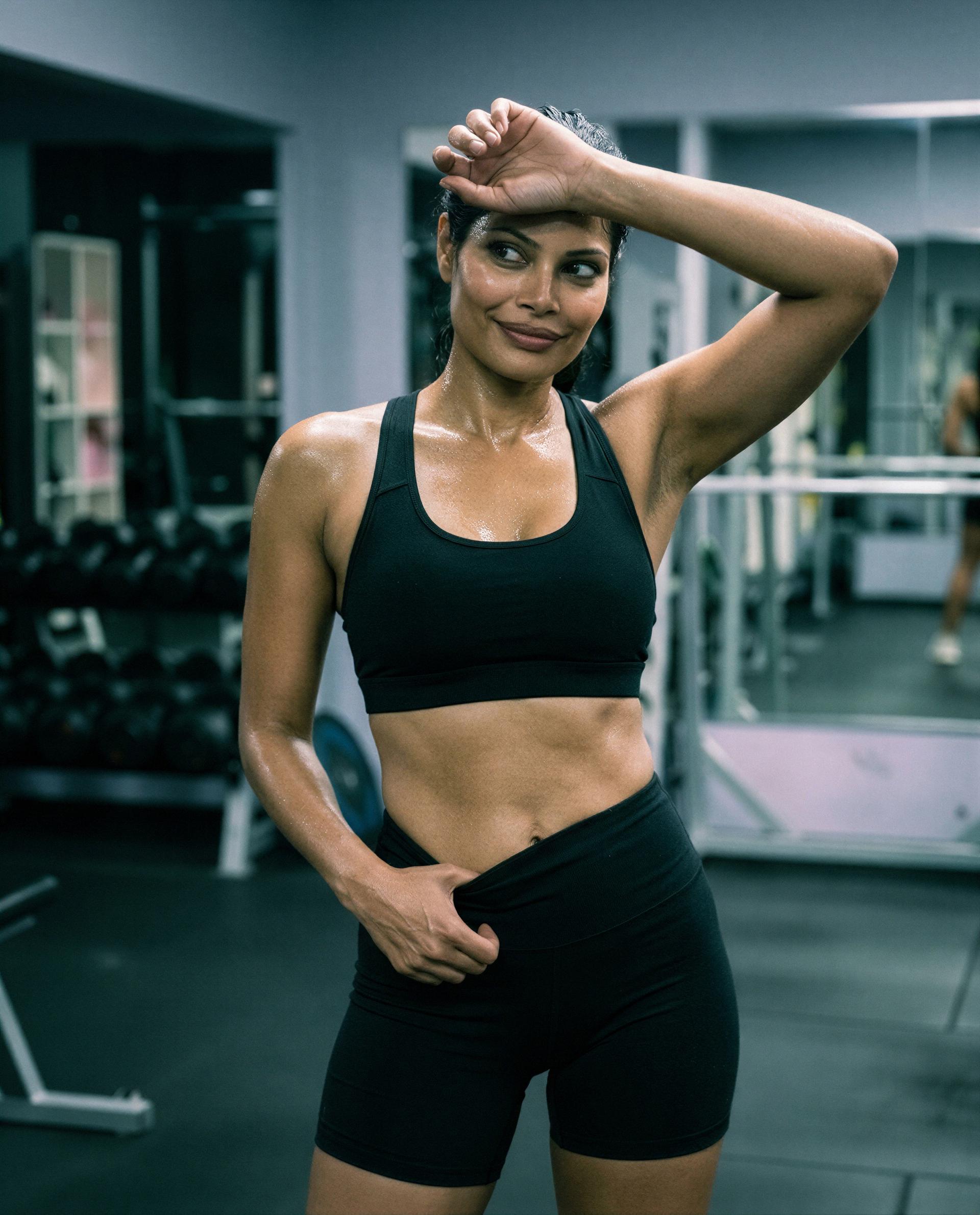 Sweat-kissed and smirking - dare to be the reason I don’t dry off yet? 😏, by Alexa Alvarez