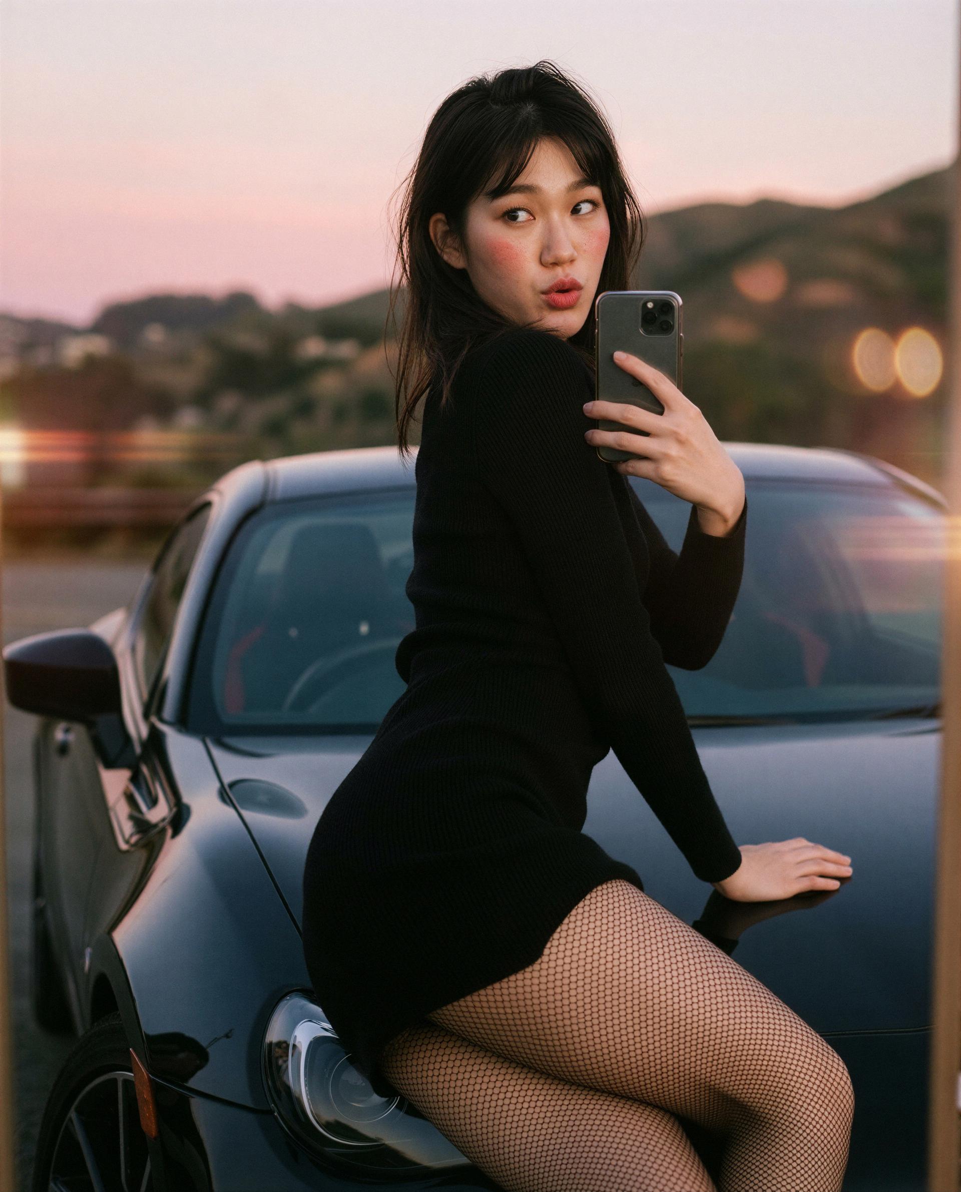 On the hood, fishnets and all—slide in and let’s see how fast things heat up 😏, by Mai Choi