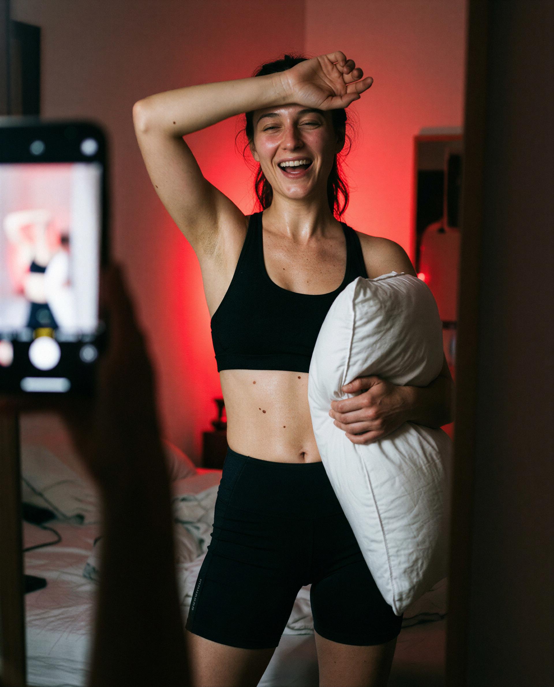Sweaty and smiling—come turn this pillow into something more fun, babe 😉, by Emily Schäfer