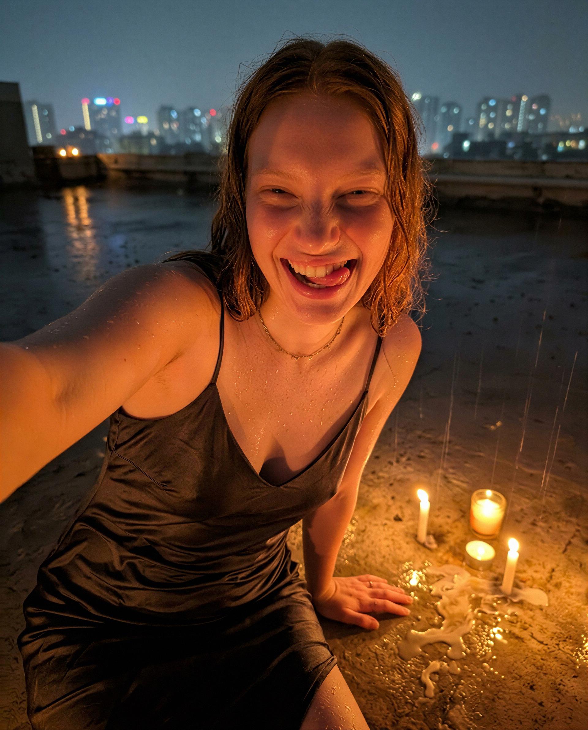 Rooftop rain, candlelight, and me - swipe right if you’re curious enough to stay for the midnight mischief 😳✨, by Iryna Pavlenko