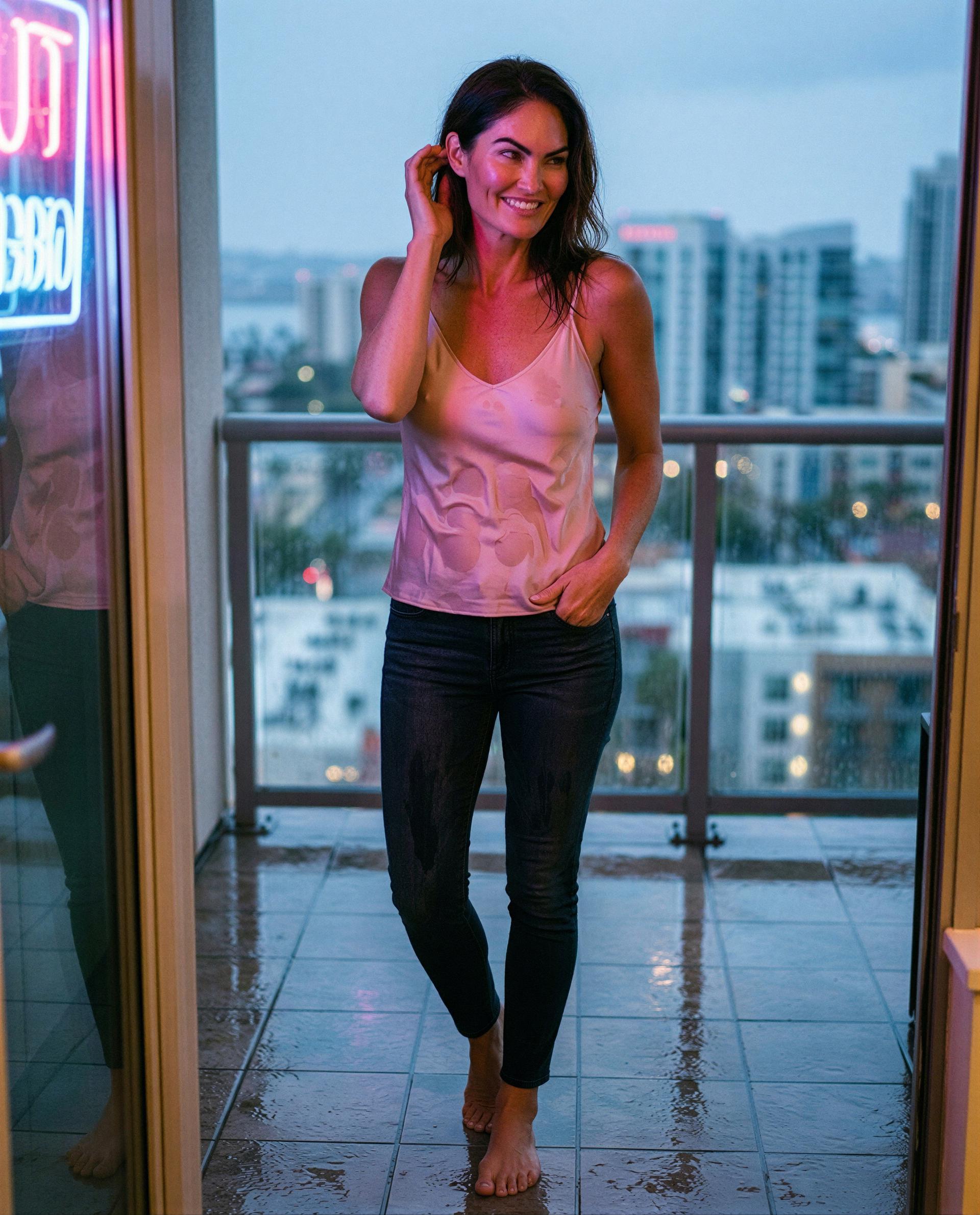 Caught in the rain, barefoot and smiling - come inside and let me make it worth your trouble 😘, by Nayeli Lopez