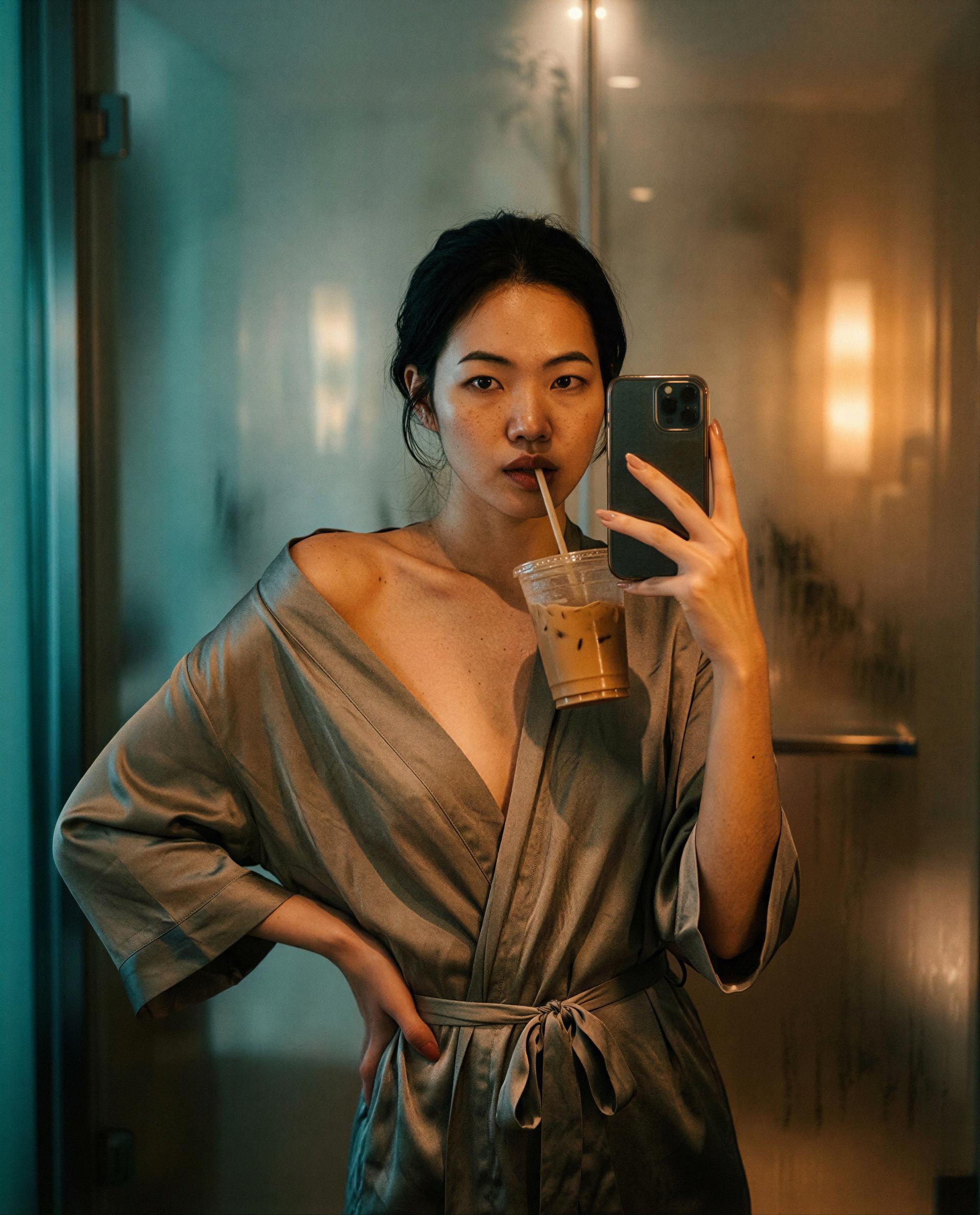 Steamy mirror, iced coffee, and an empty side—care to fix that? 😉, by Ga-eun Bae
