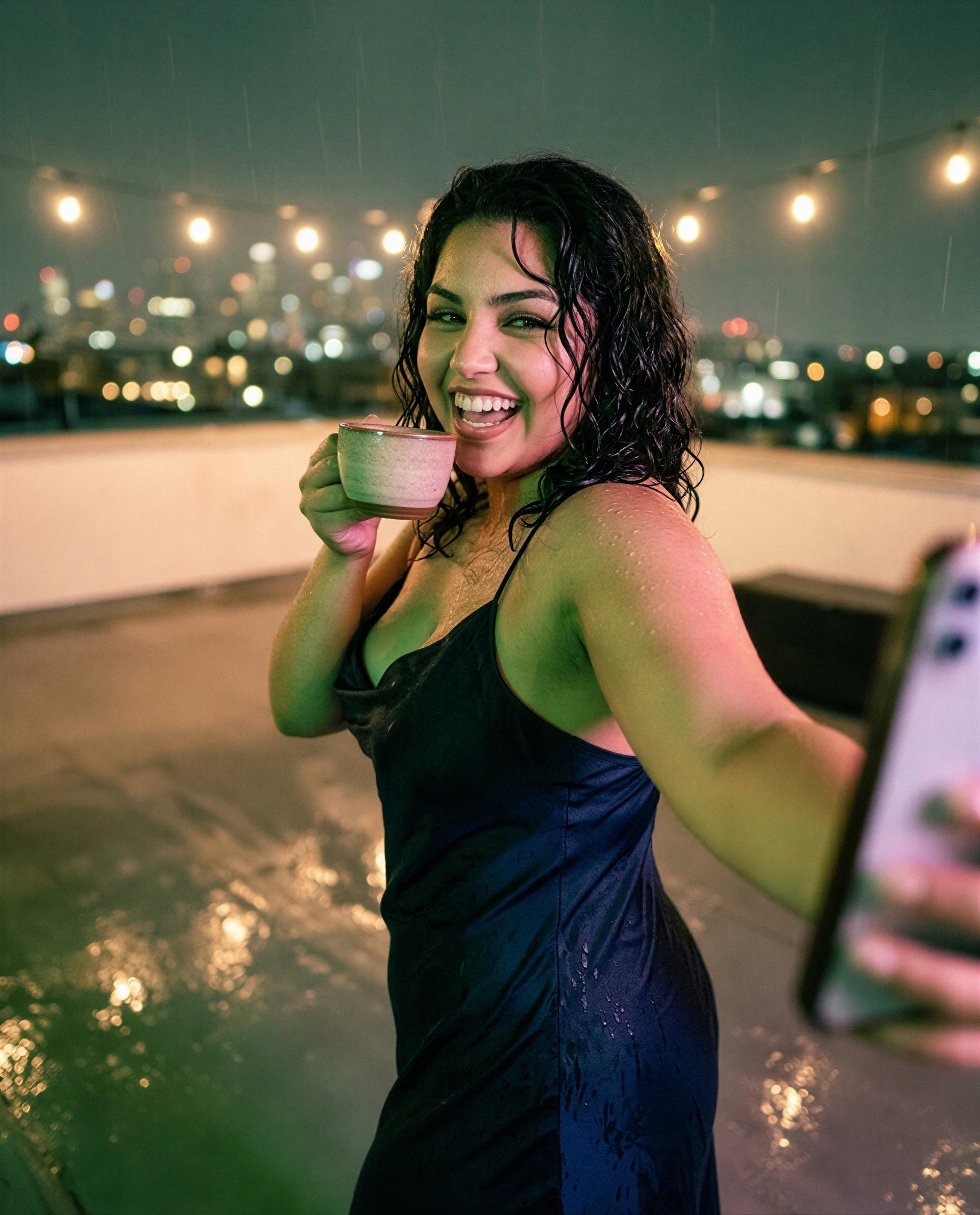 Rooftop rain, wet dress—care to join and warm up?, by Beatriz Ramirez