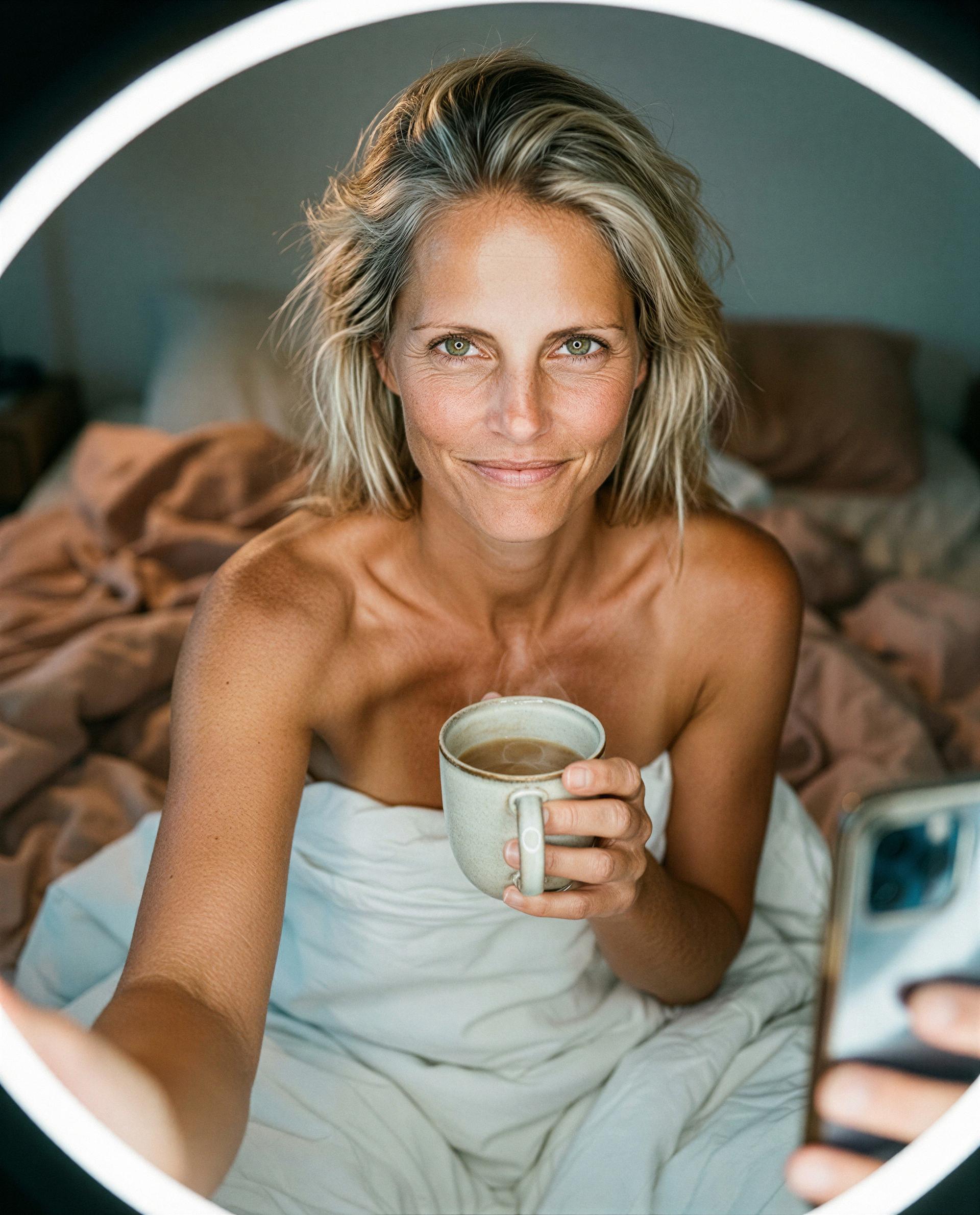 Cup in hand, sheets slipping—stay for breakfast and I’ll give you the best view 😉, by Sandra Johansson