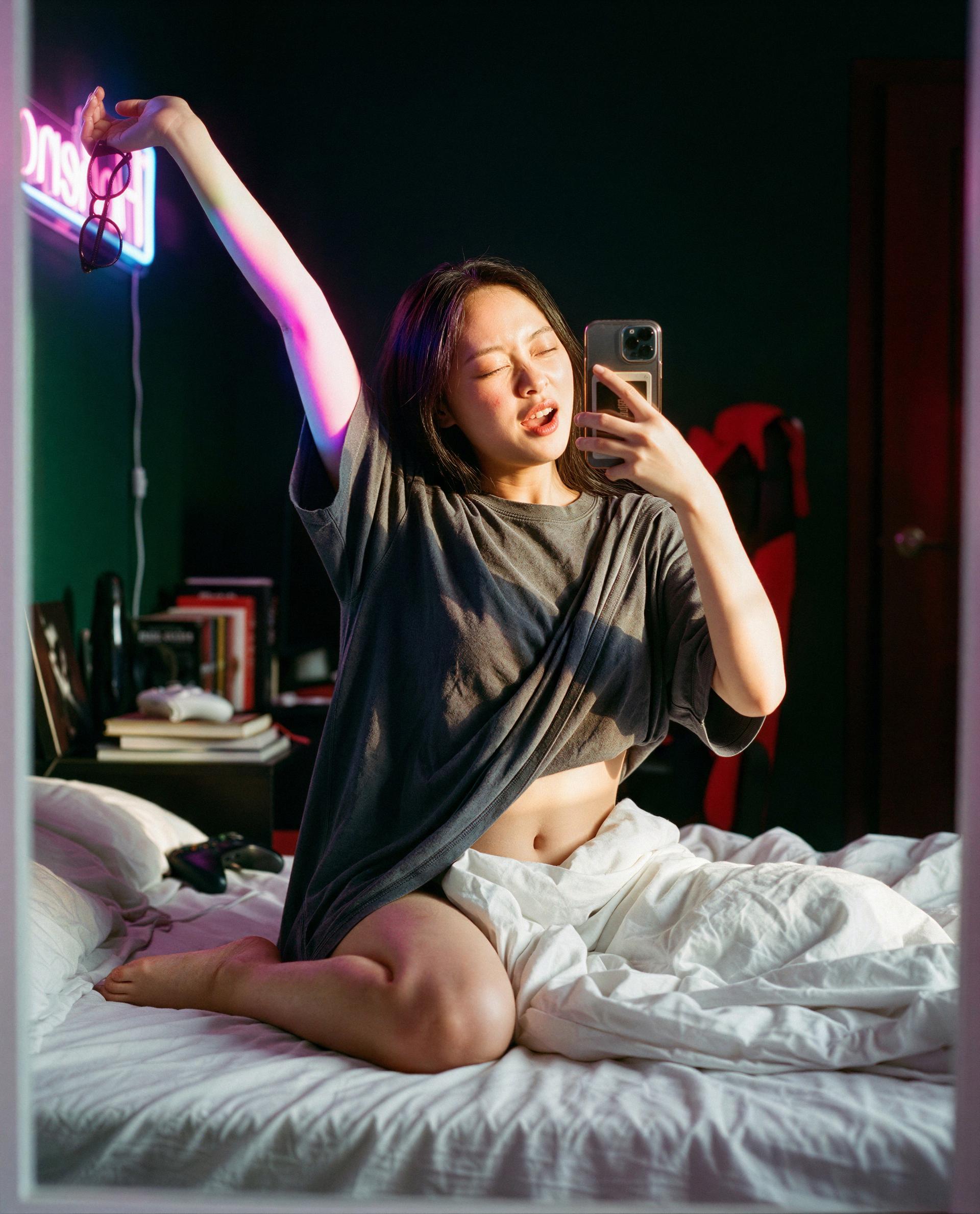 Caught me stretching—wanna be the reason I don't go back to sleep?, by Jing Guan