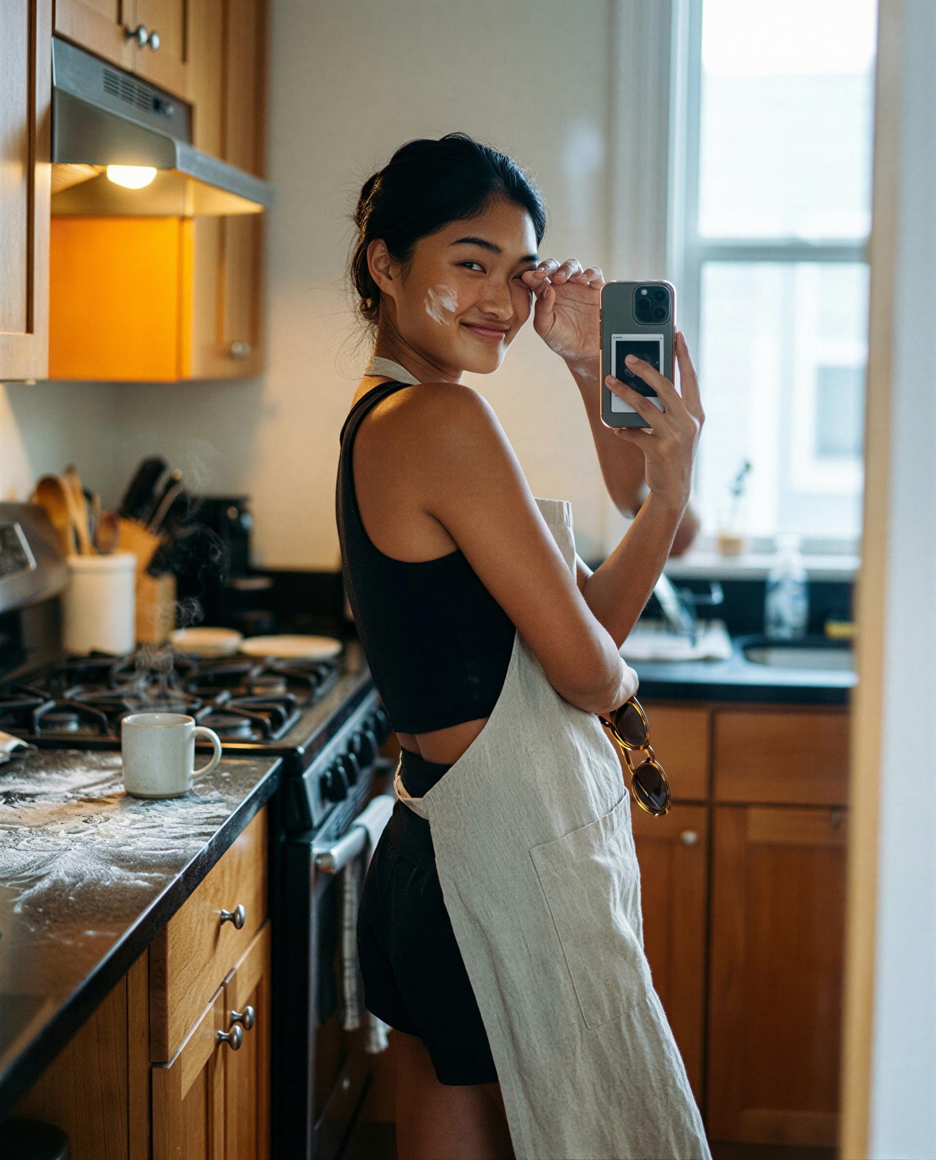 Flour on my cheek and the apron’s on—wanna be the only one I let taste this, just between us? 😘💕, by Priya Toktogul