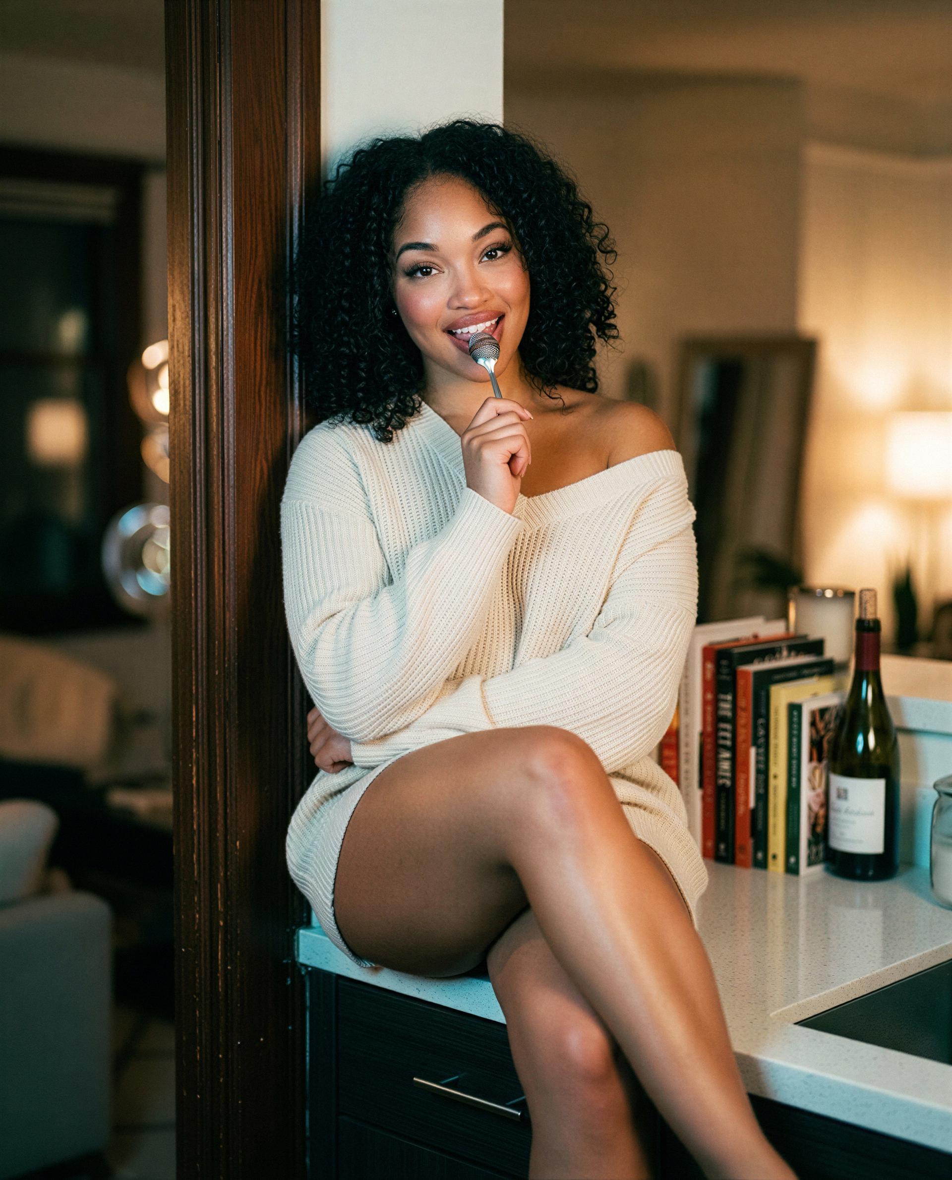 Countertop, cozy sweater, and one spoon - will you be the lucky taster? 😘, by Zamiyah Walker