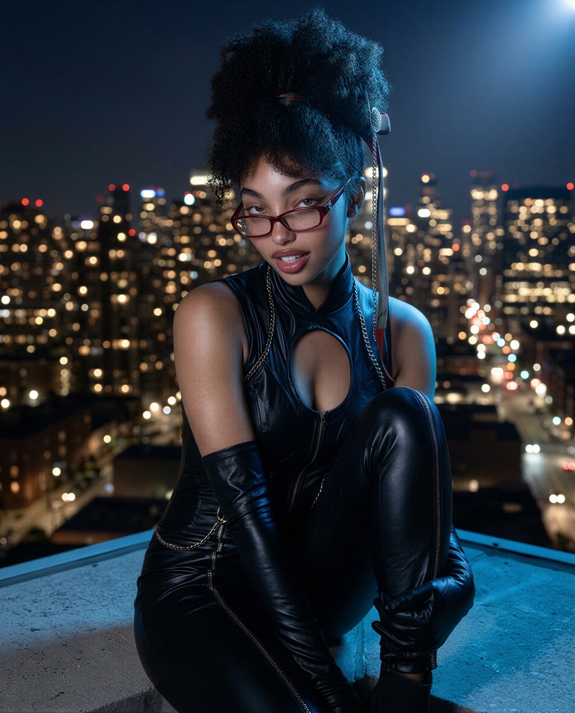 Glasses down, leather on - come closer and I'll make the skyline jealous 😘, by Zaria King