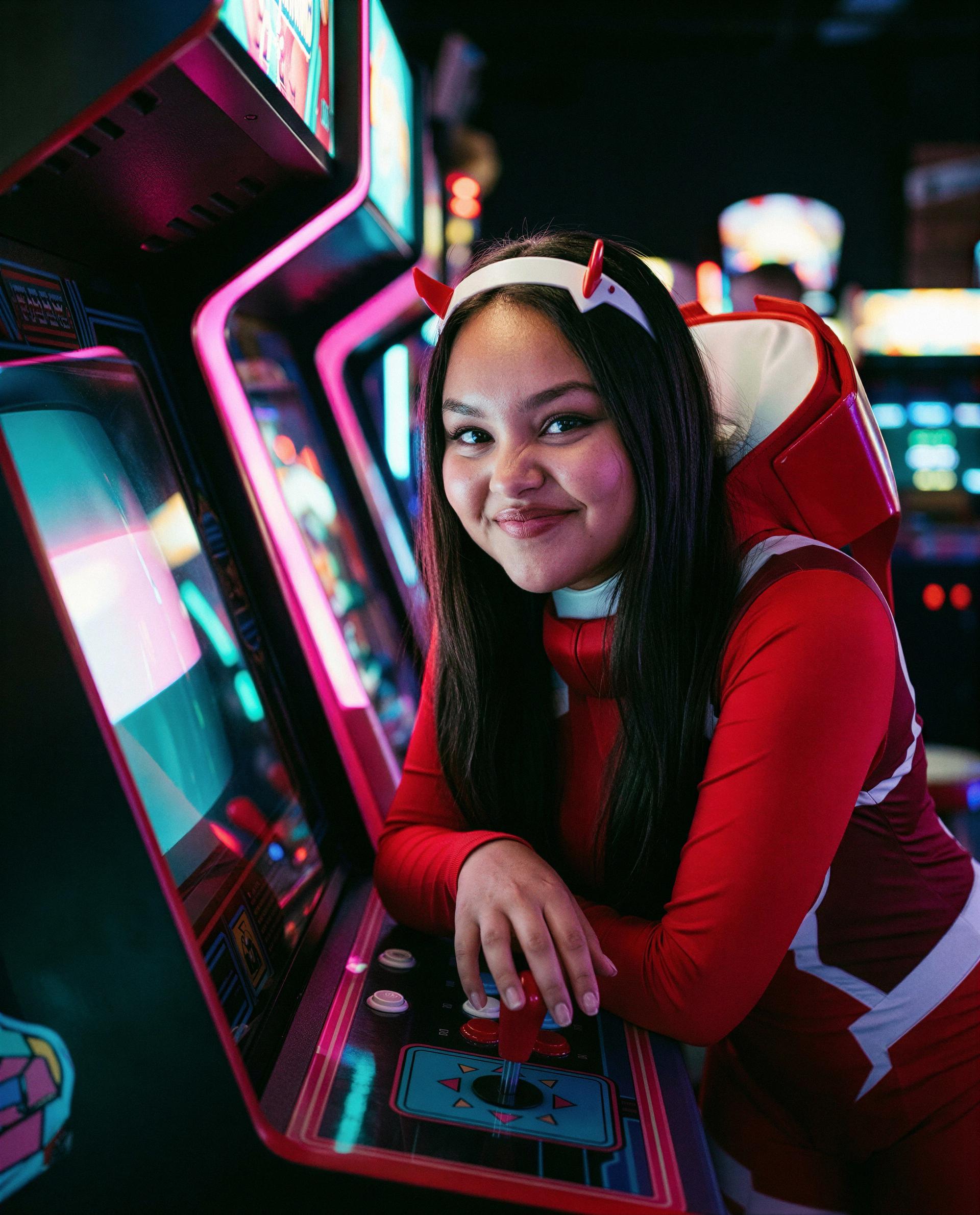 Neon glow and a cheeky grin — I saved the final level just for you, ready to play? 😘🎮💕, by Maia Rios