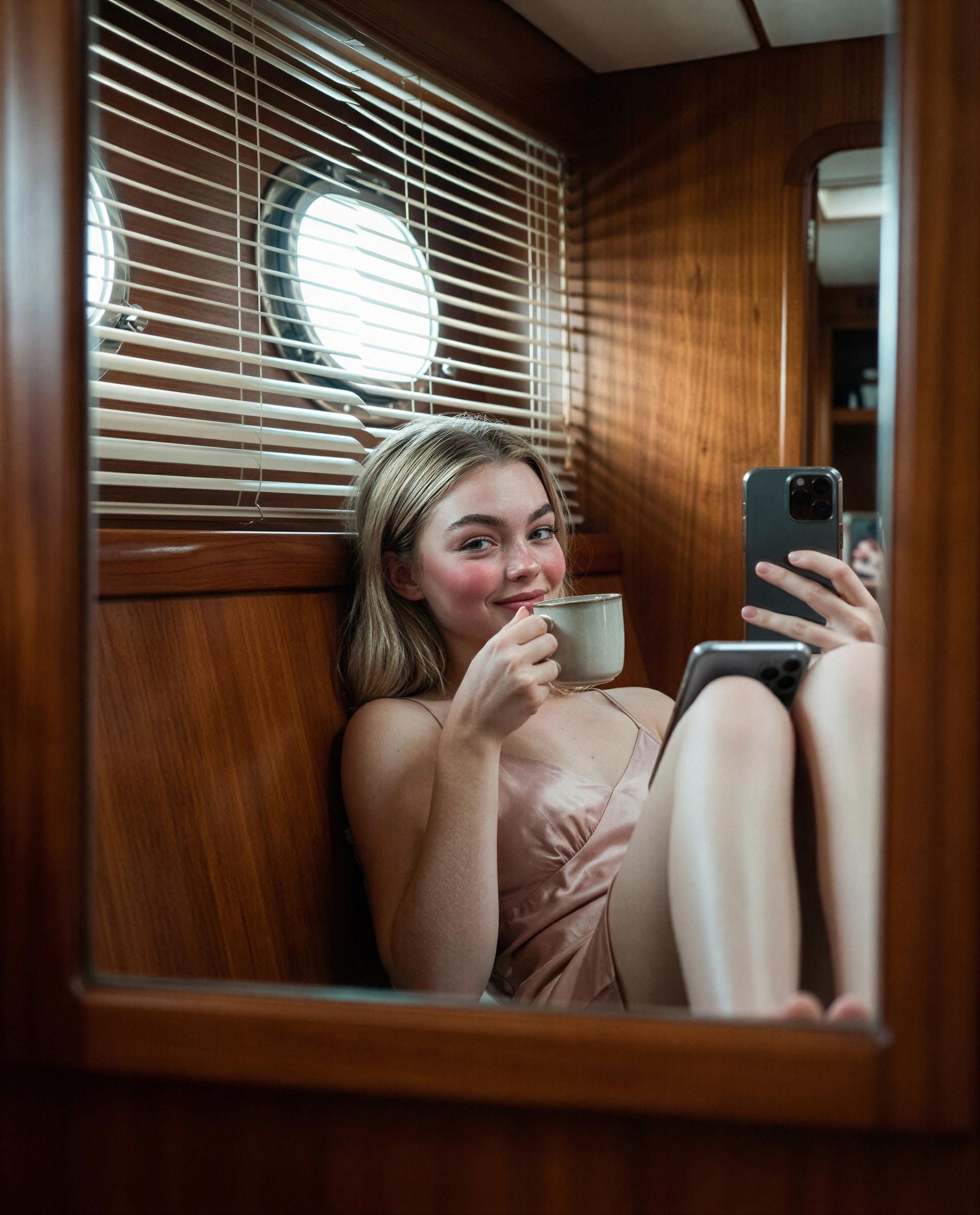 Private show starts after coffee—come closer., by Nora Rossi