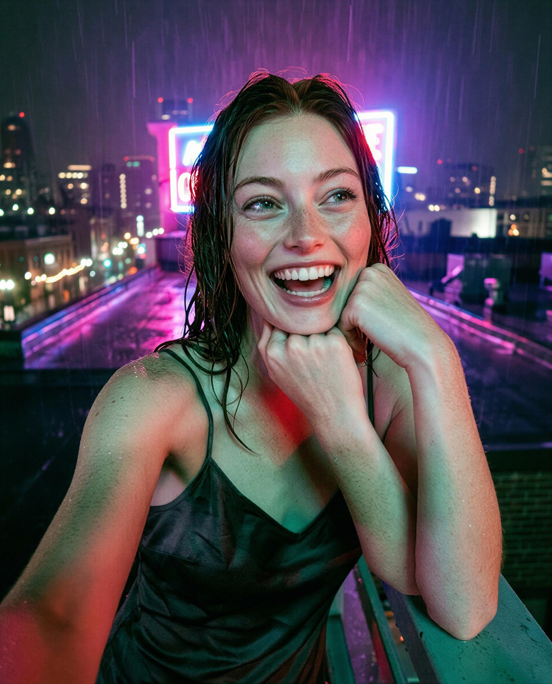 Neon rain, grin intact - be the reason I’m still smiling at midnight 😏, by Ciara Moore