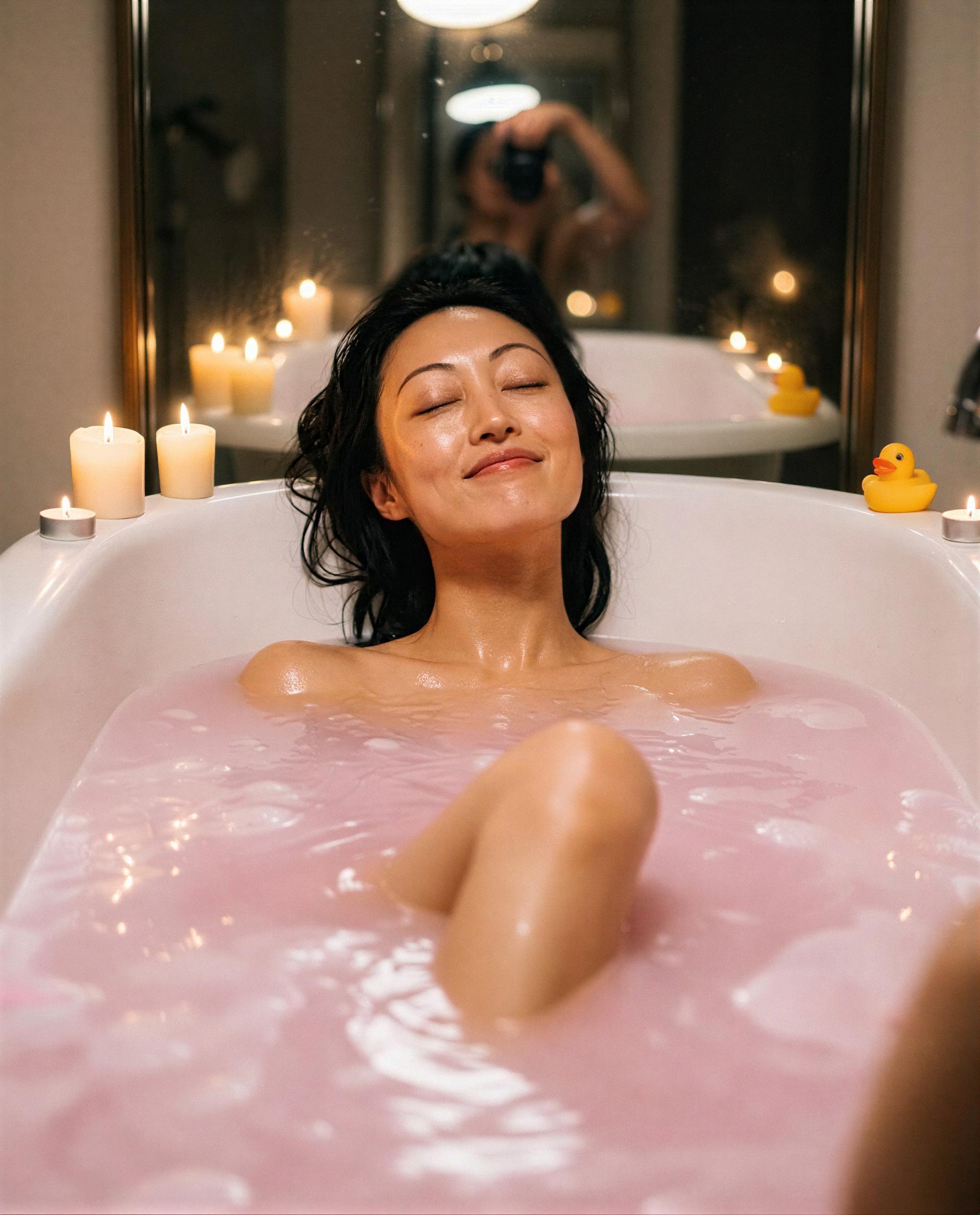 Soaking in pink and candlelight—want to be the reason I keep smiling tonight? 💕, by Zhenzhu Cai