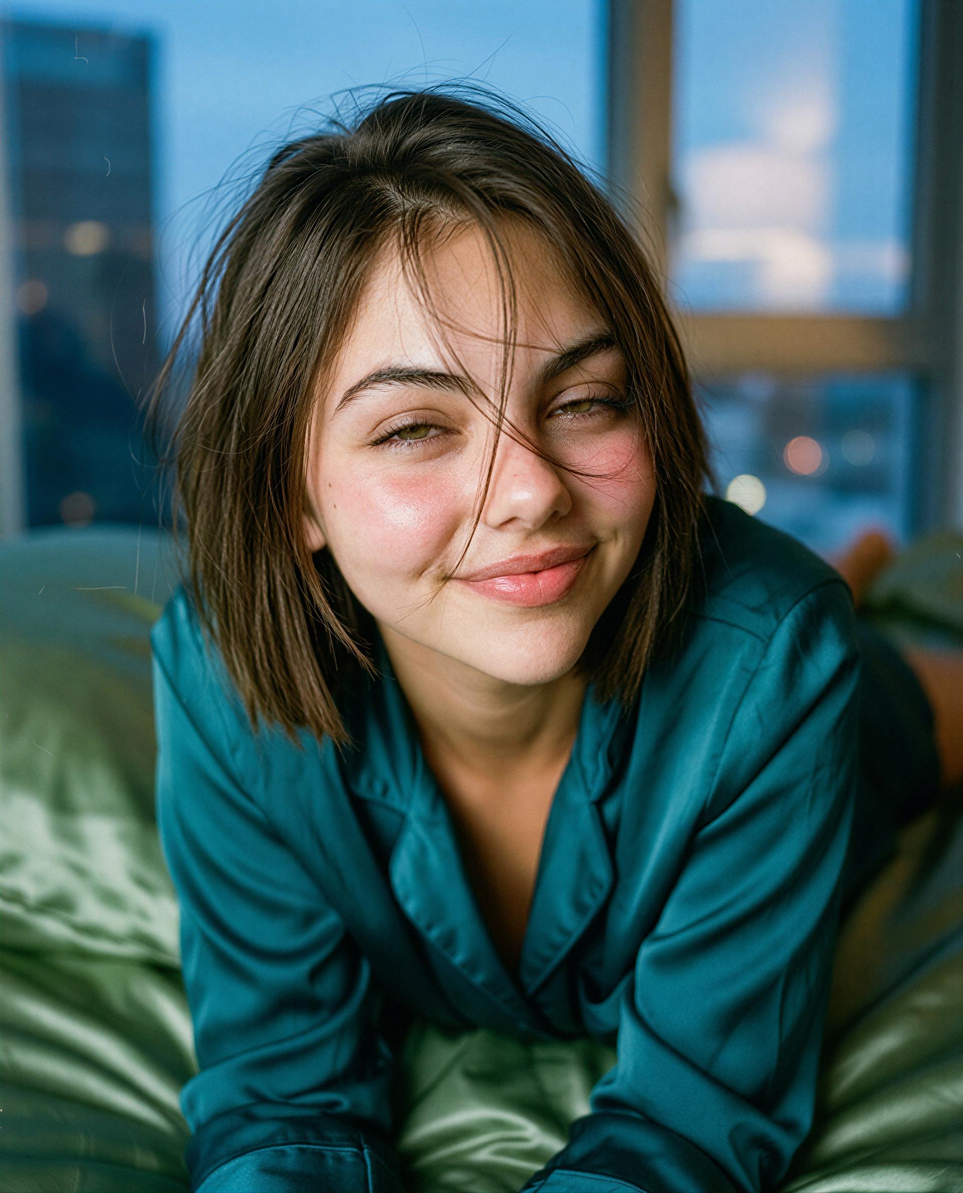 Teal silk and a sleepy grin—I picked you to stay up with me. 💕, by Emilia Ortega