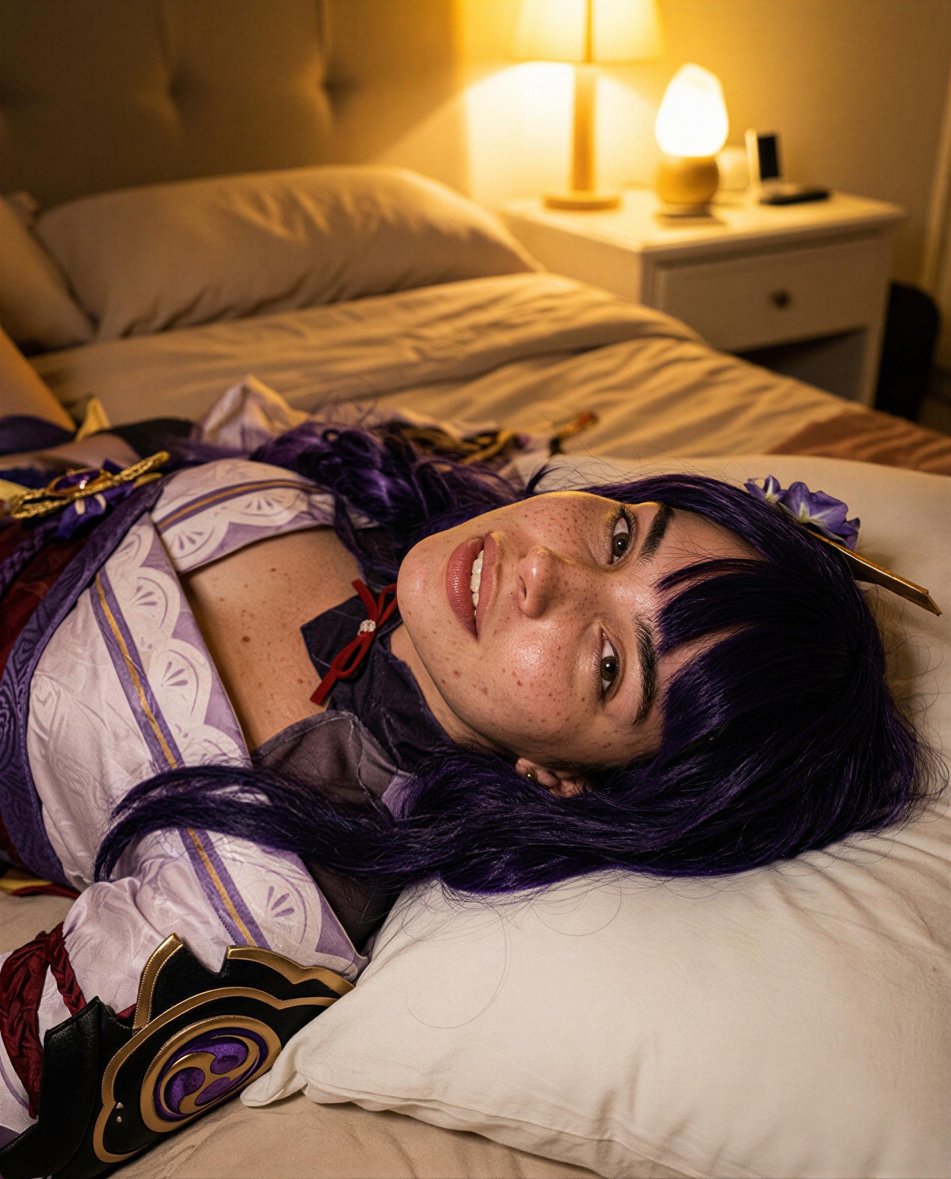 Wrapped in purple and waiting for a visitor—think you can sneak in and make it worth my while? 😘, by Anna Georgiou