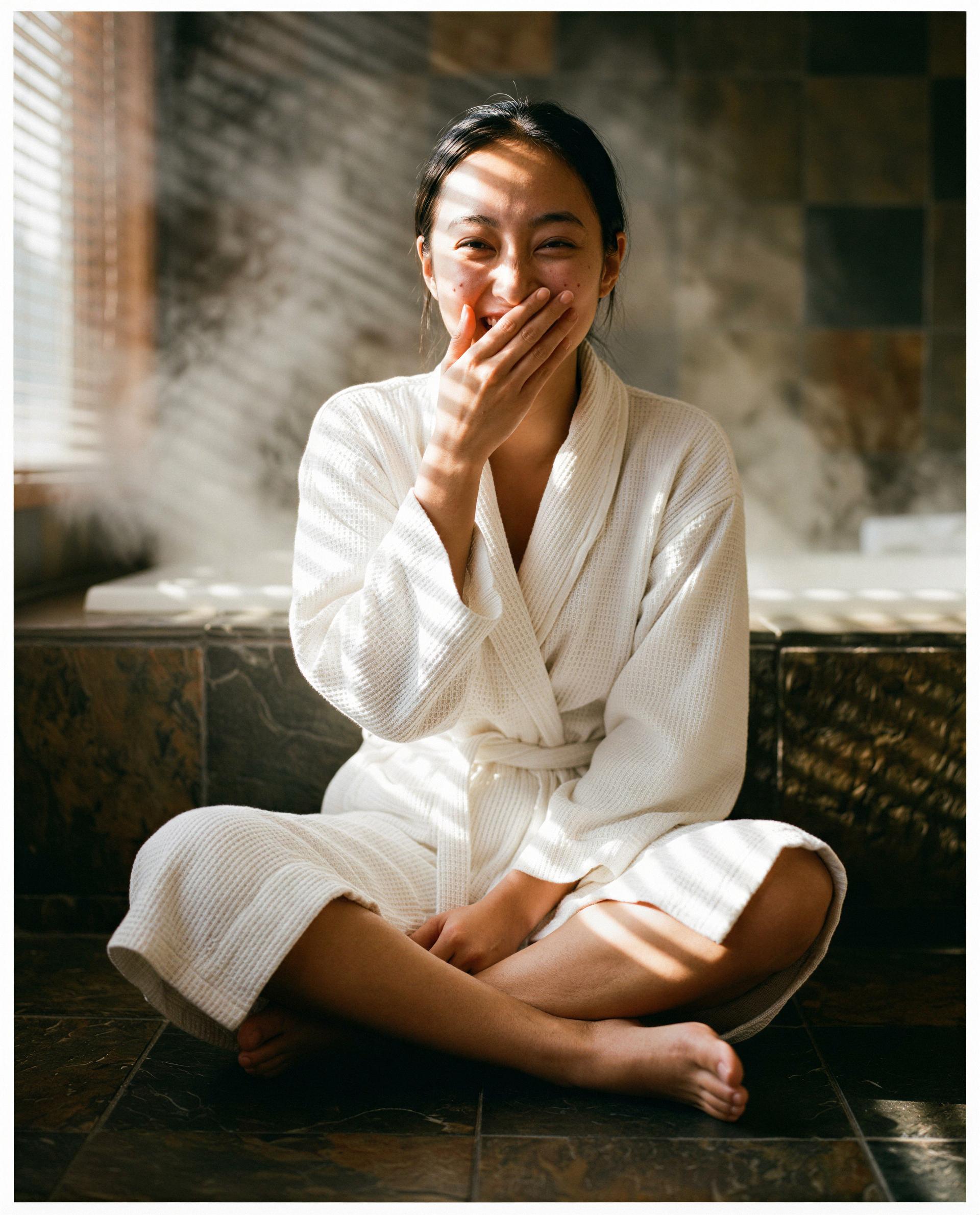 Caught giggling in my robe—wanna be the reason I lose it? 😏, by Lata Pillai