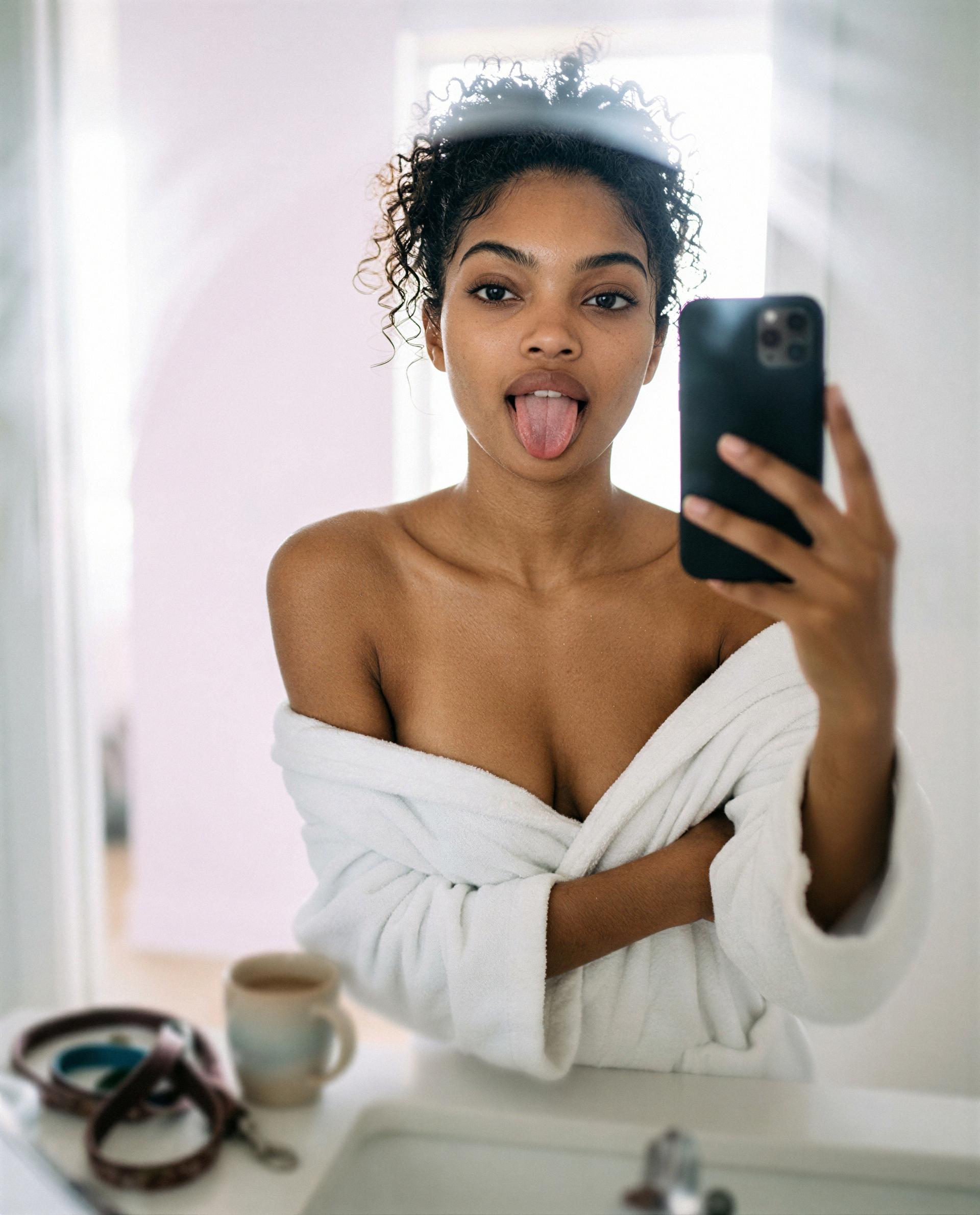 Fresh out the shower and feeling cheeky—come keep me company, babe, and let's break a few rules. 😉, by Samira Zulu