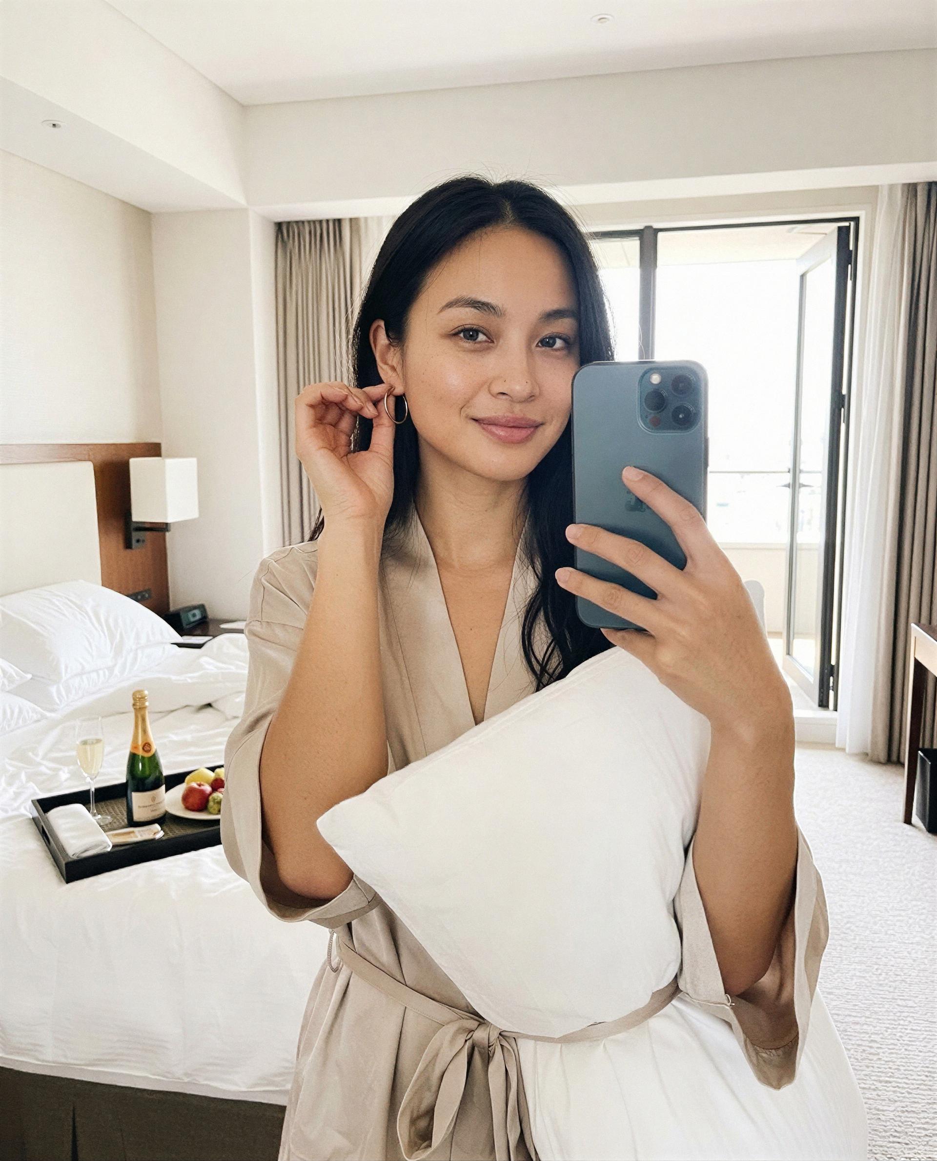 Champagne, pillows, and a promise—stay a little longer and I’ll make tonight ours 💕, by Kaori Fukushima