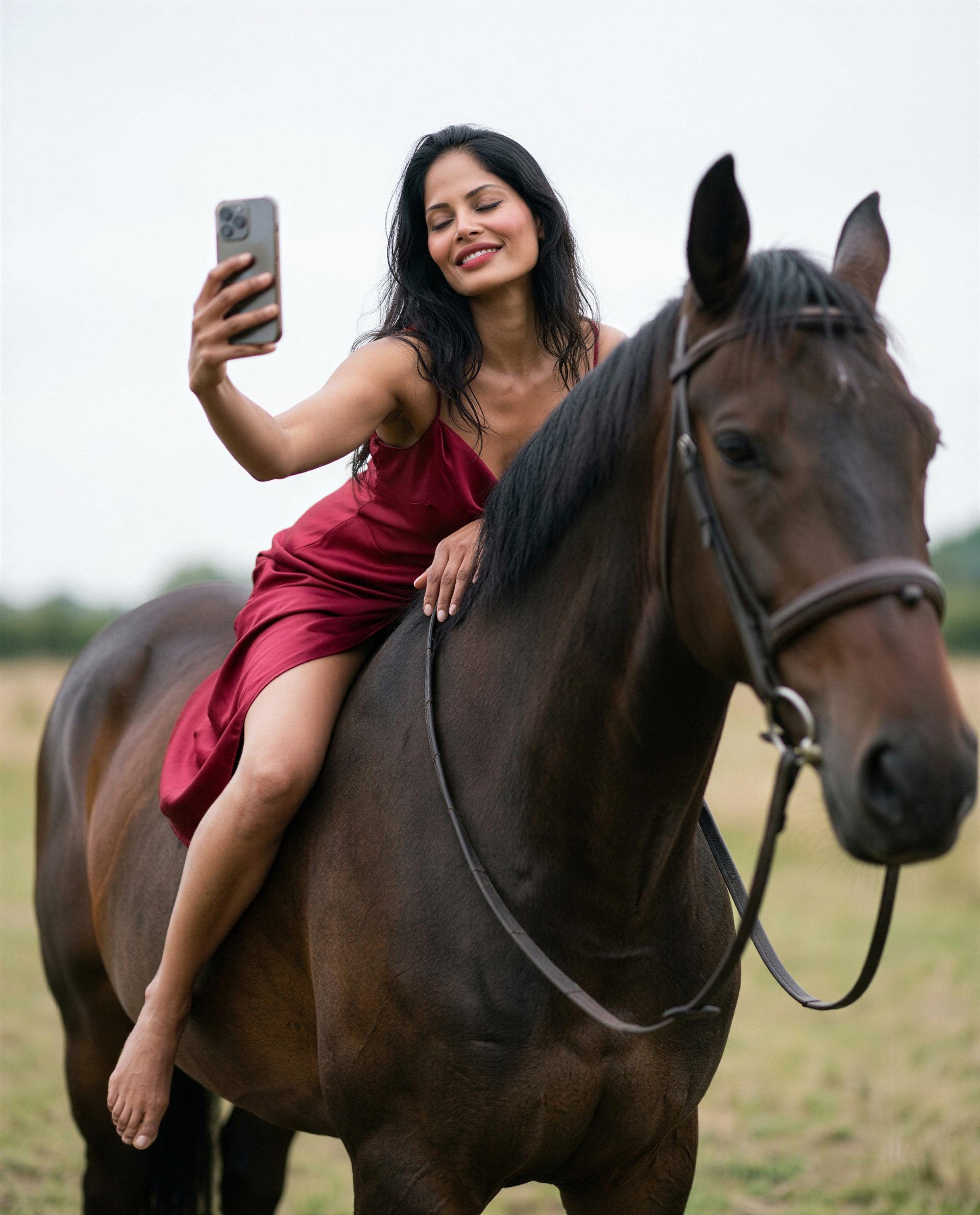 Crimson dress, bareback—take the reins and make it interesting 😉, by Alexa Alvarez