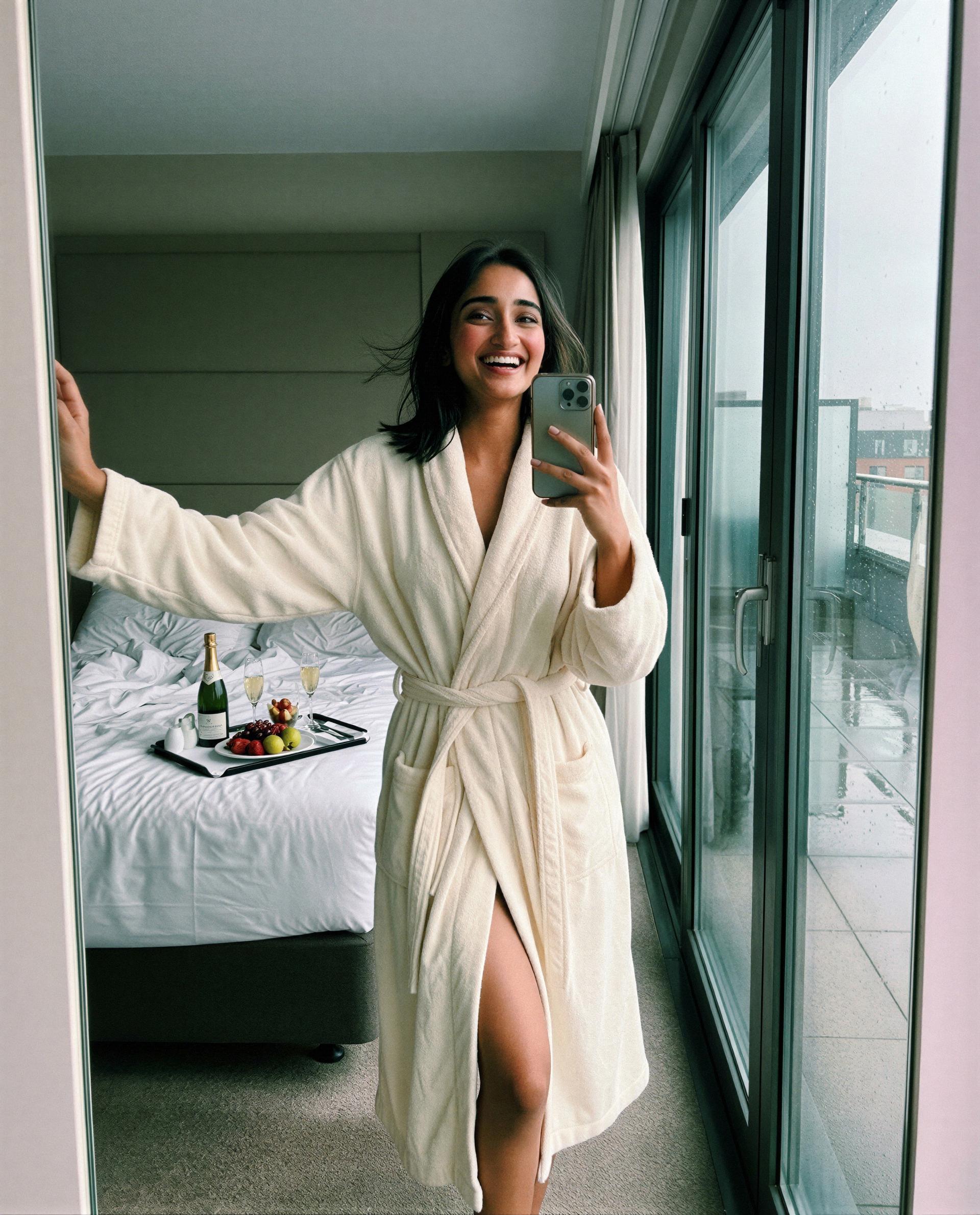 robed up and waiting—how long should I keep you guessing? 😳😉, by Anisha Ahmed