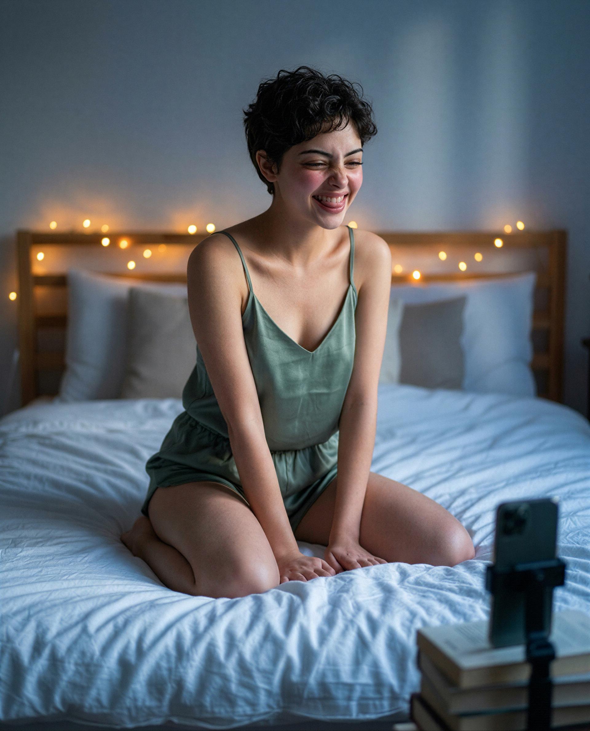 caught mid-giggle - care to be the reason i get bolder tonight? 🥺💋, by Talia Arman