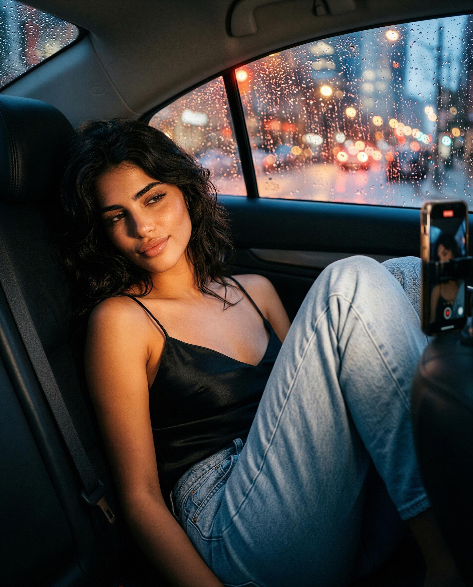 Backseat's cozy—come closer and I'll make this rainy night unforgettable 😉💋, by Jamila Farzan