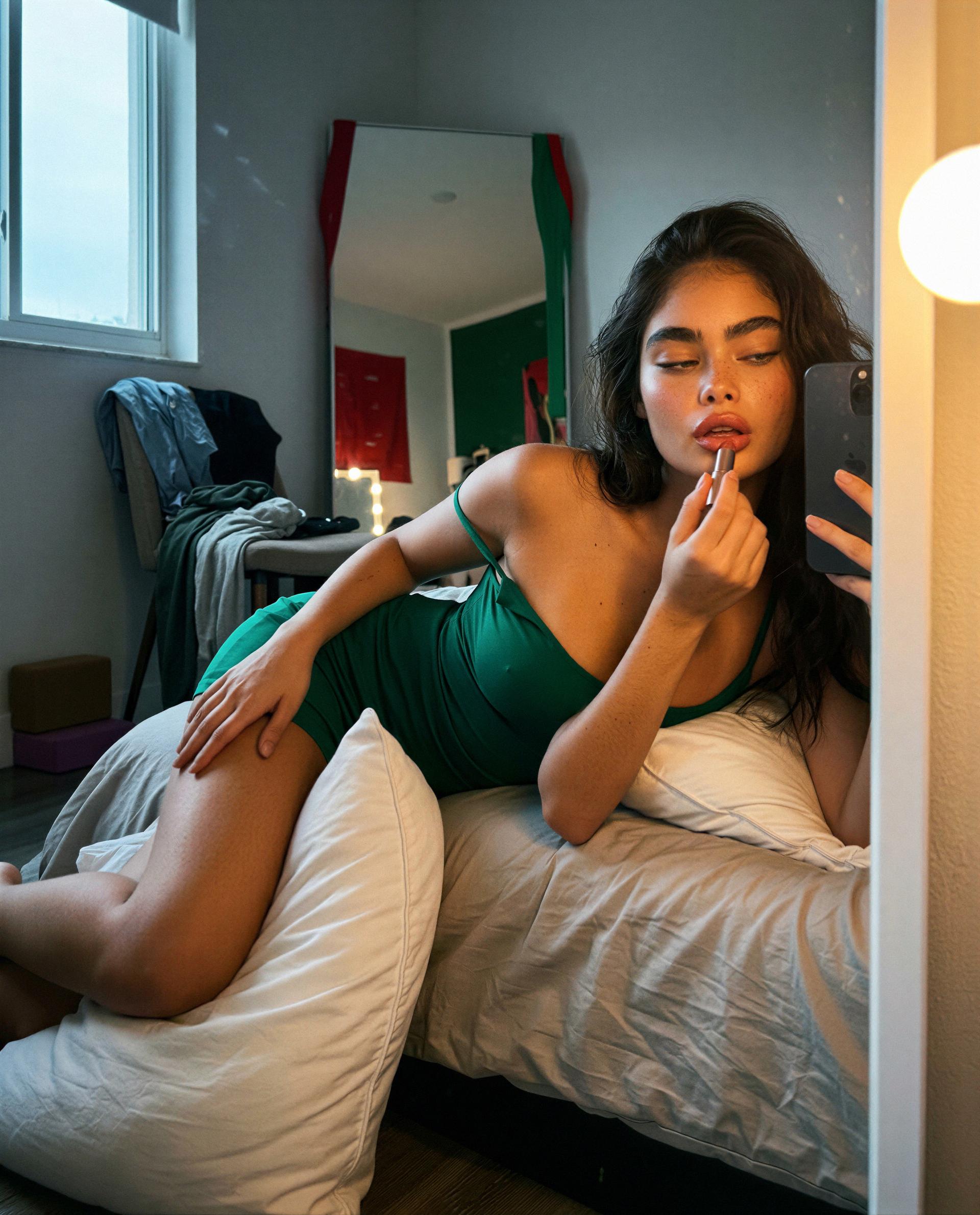 Wearing green and thinking of you—come make this mirror moment more interesting 😘, by Carmen Hernández