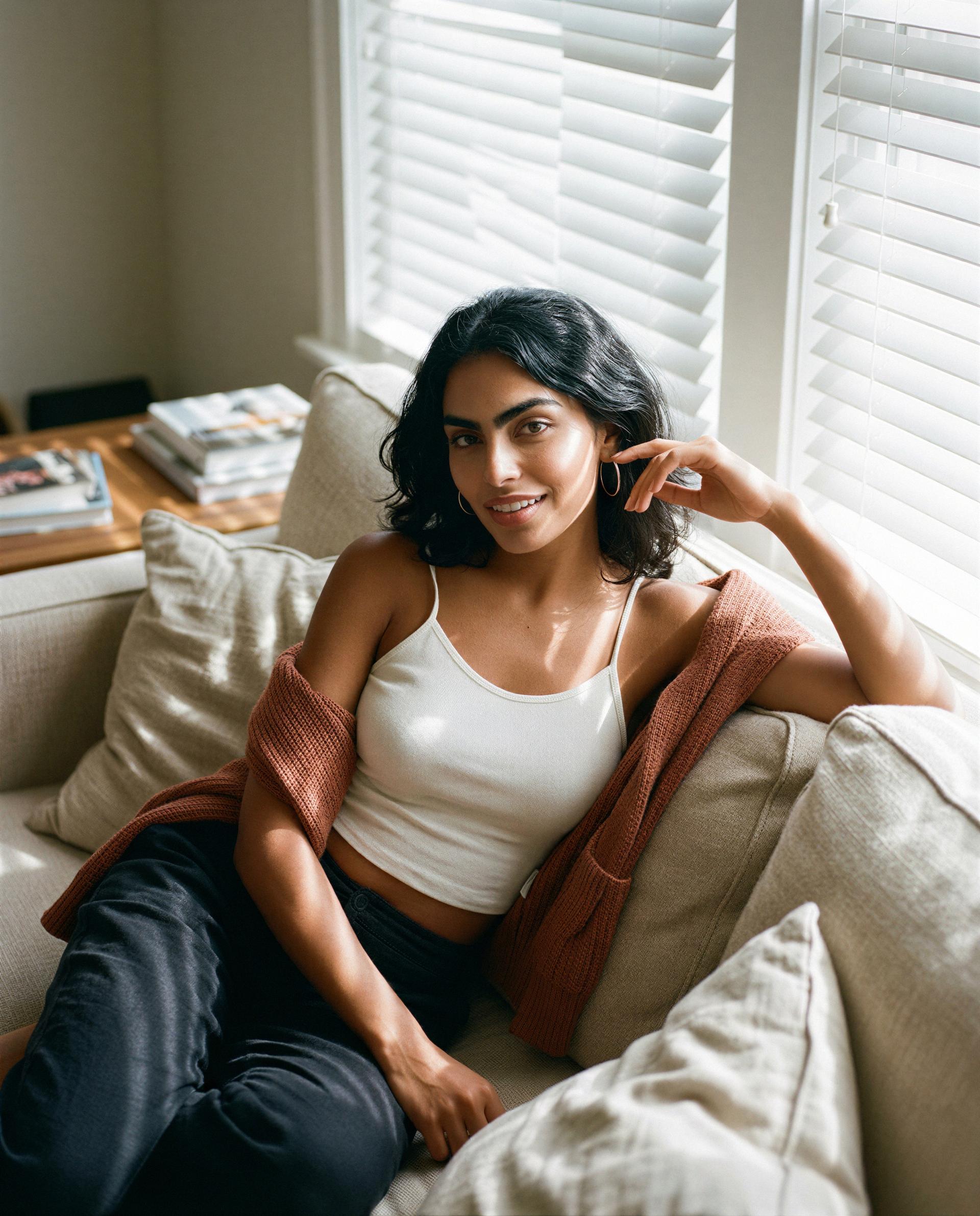 Cozy vibes and a playful smile—want to keep the fun going? 😏, by Inaya Siddiqui