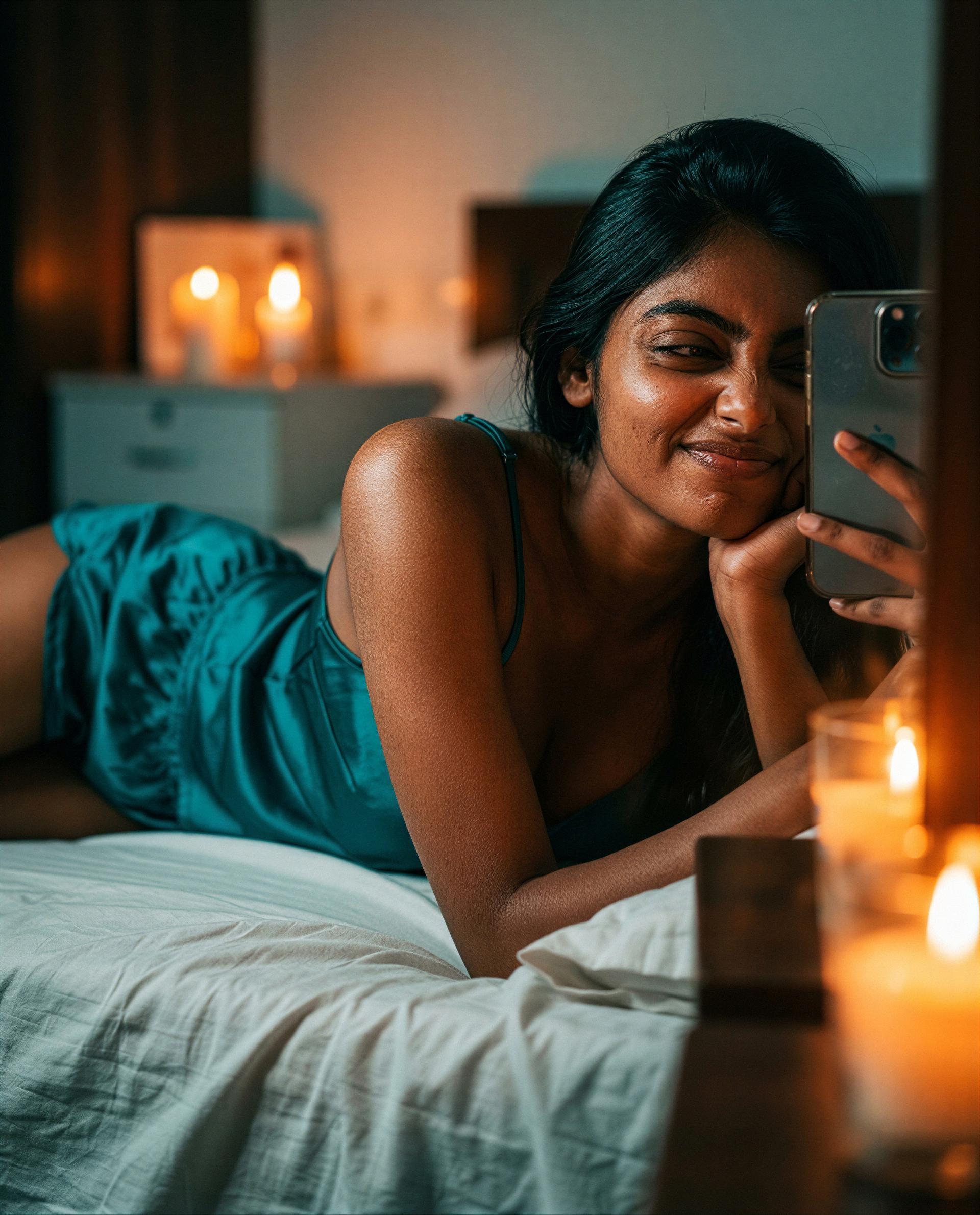 Teal silk, candle glow - subscribe and I’ll make tonight our little secret 😘, by Riya Agrawal