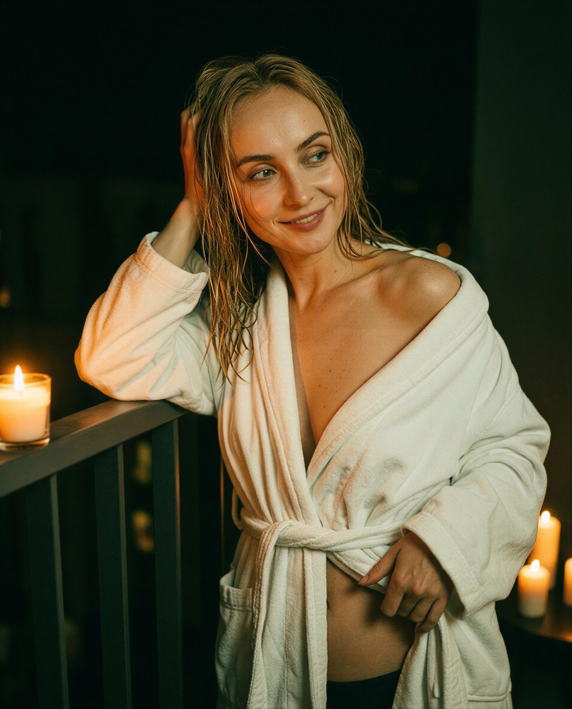 candles, wet hair, and a robe that's dangerously easy to slide off - tempted to unlock my midnight secrets? 🫣, by Olga Sokolov