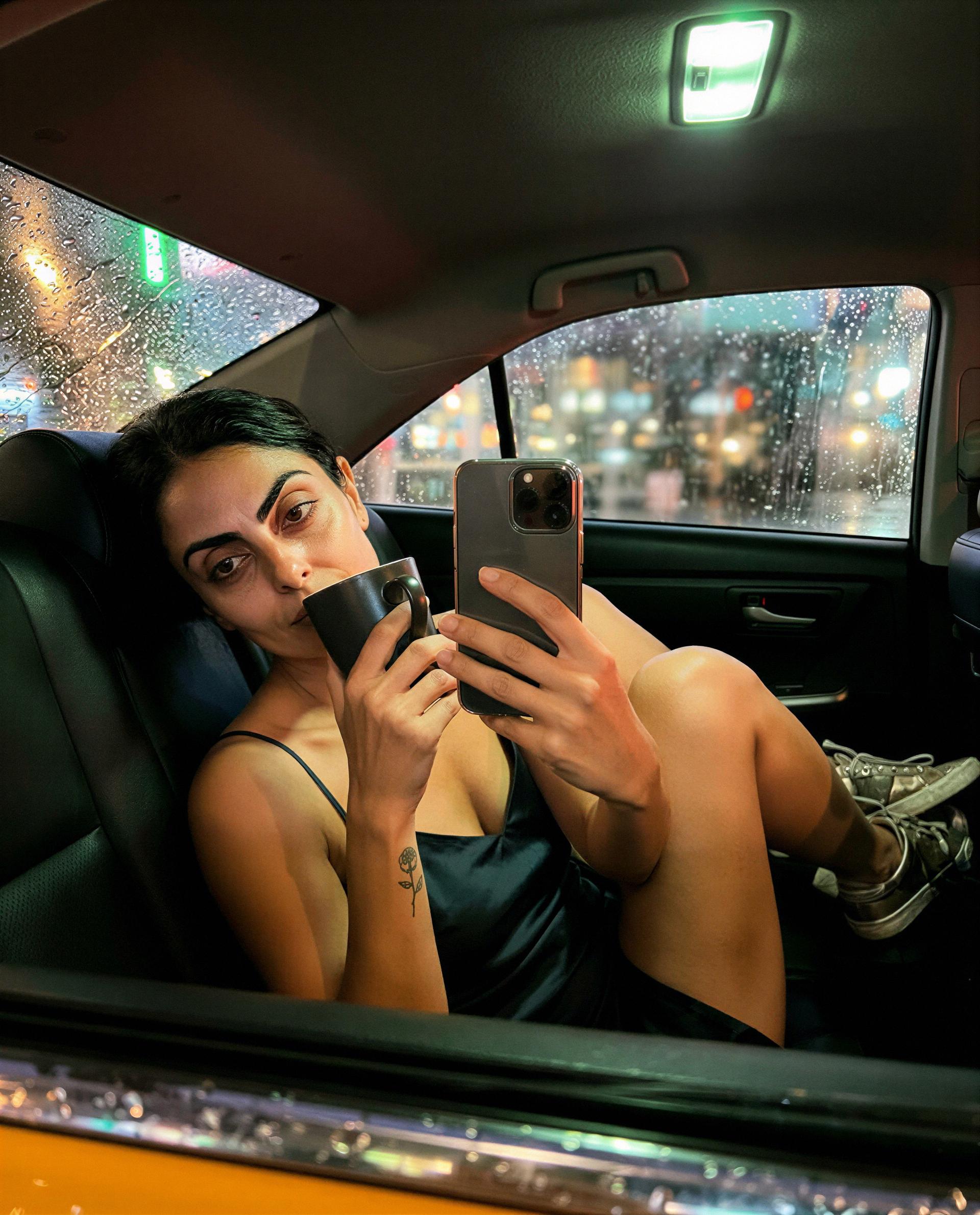 Rain-splattered city, satin on my skin—text me and I'll turn up the heat. 💋, by Ceyda Polat
