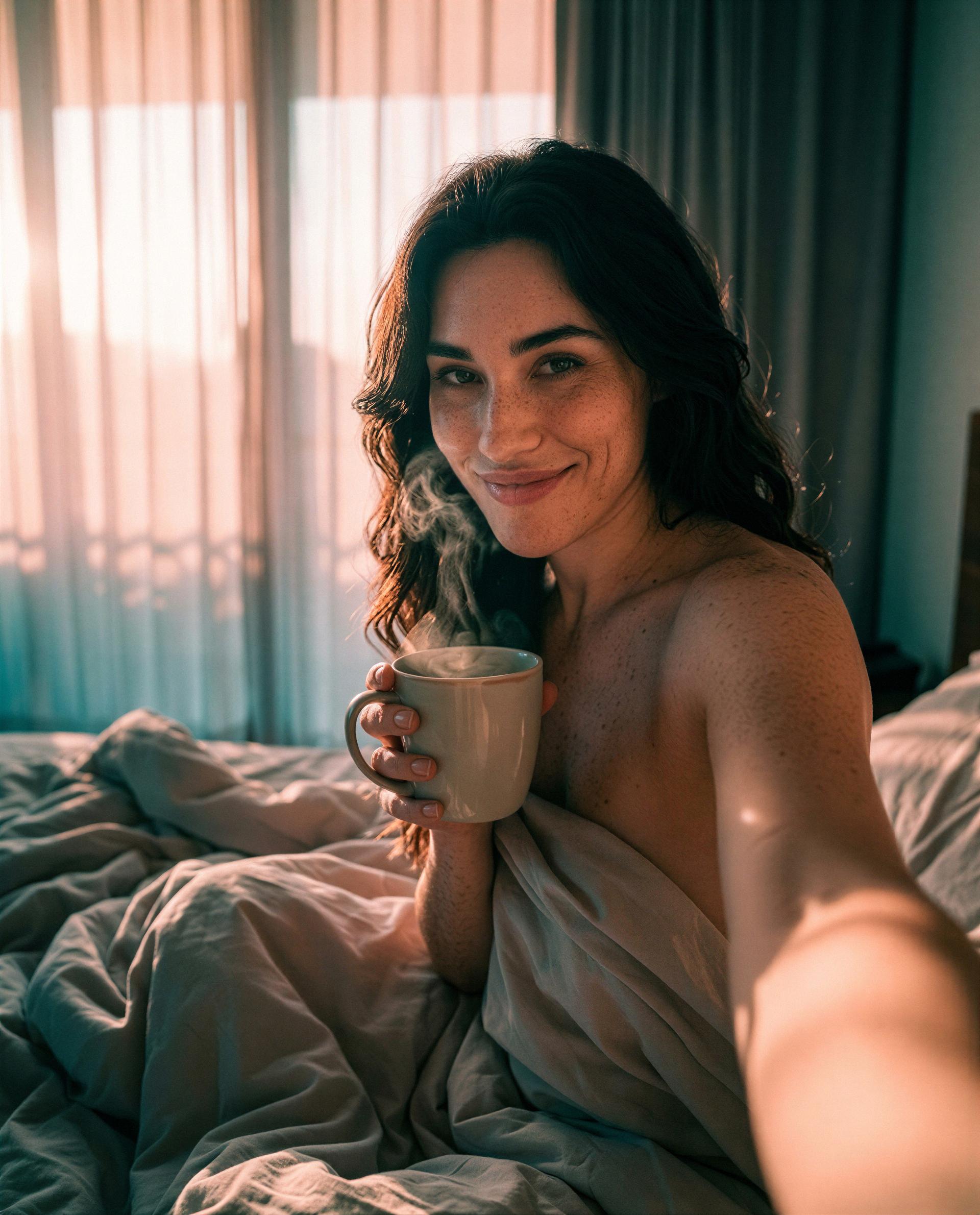 Morning steam, bare shoulders, and one mug with your name - come claim it and I’ll make the rest unforgettable ☕️💋, by Paz García