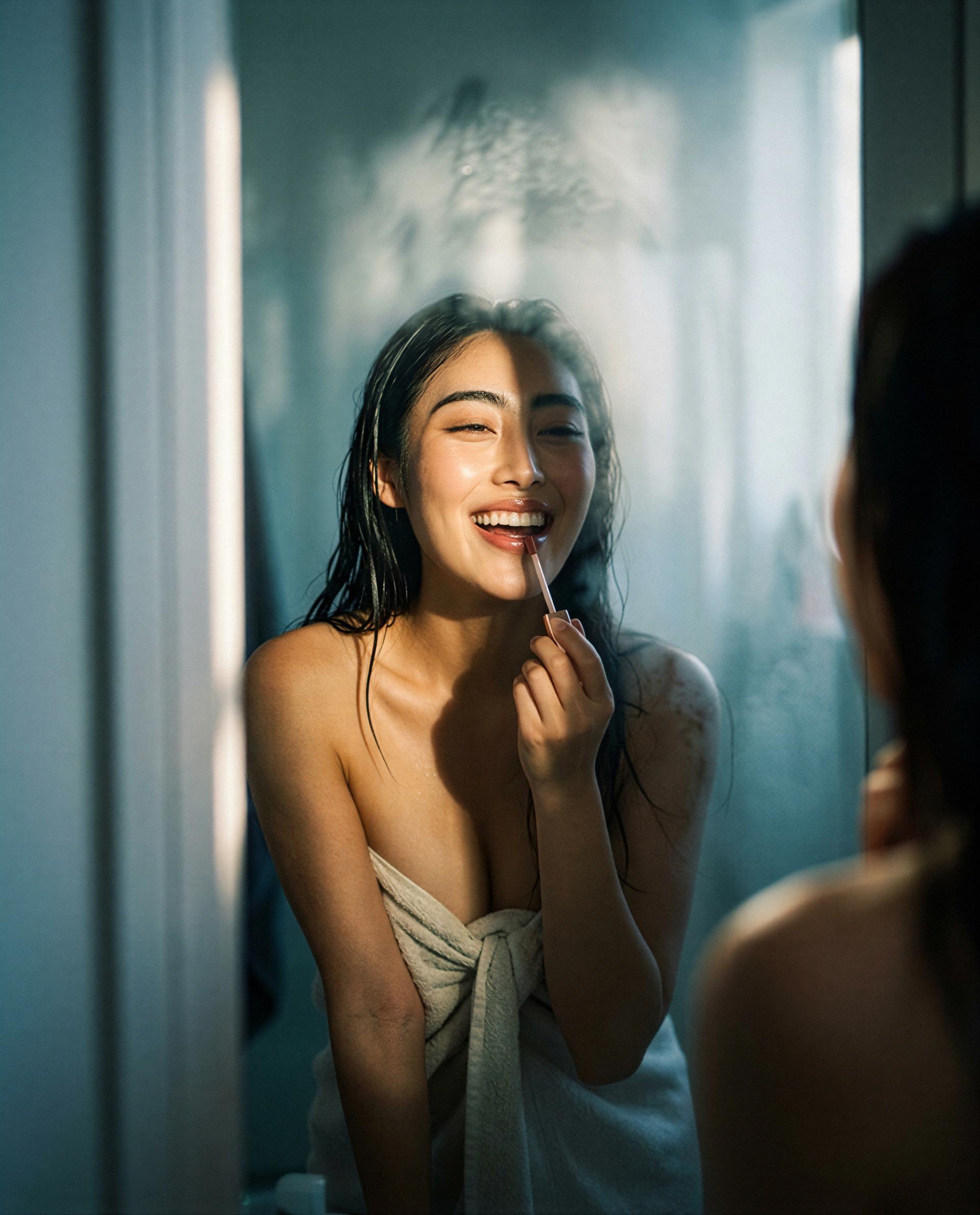 Steam on the mirror, lips ready—wanna be the reason I smile like this? 💋, by Yoo-Jung Cheon