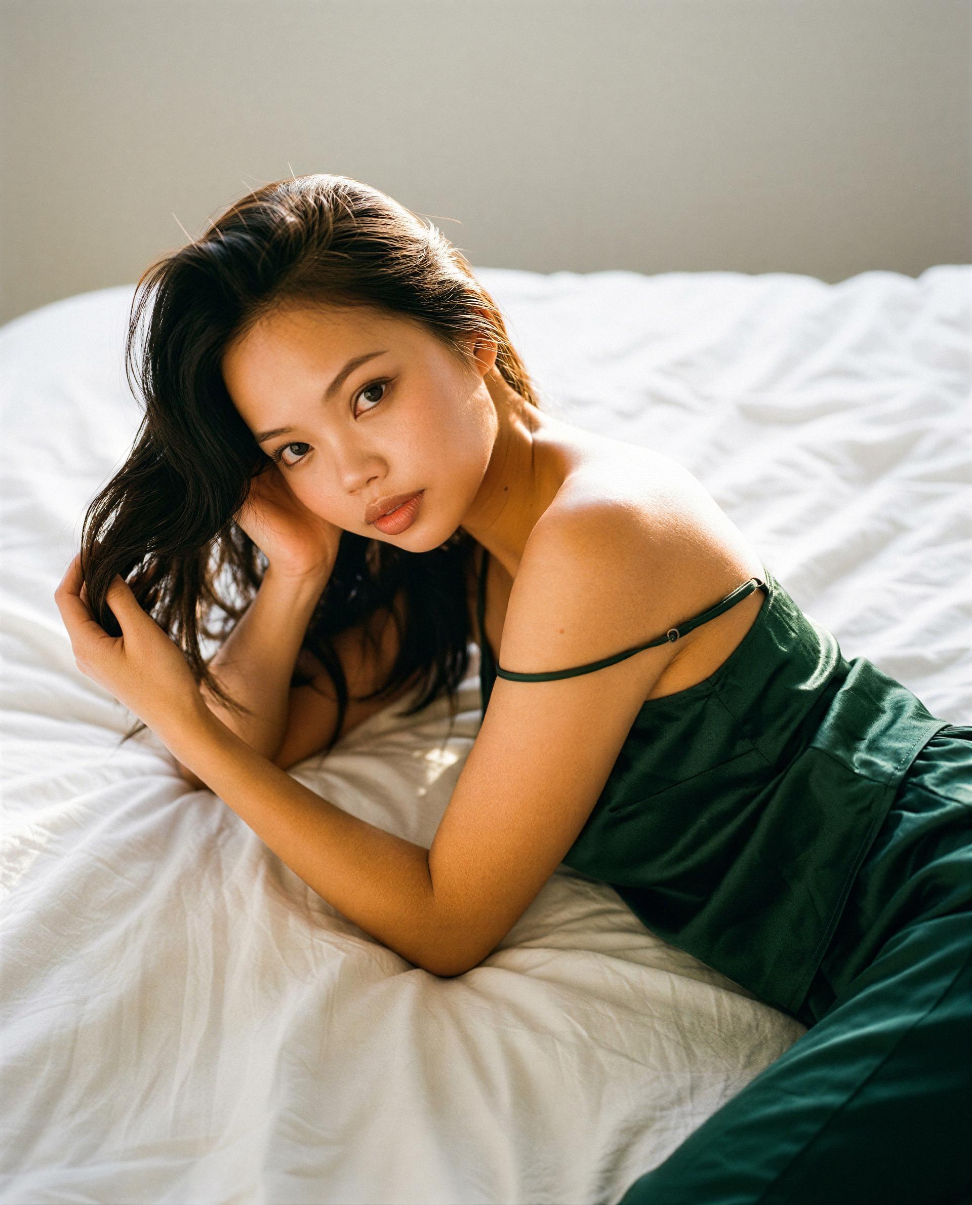 Satin sheets, bare shoulder, and a members-only surprise waiting - are you on the list? 😘💕, by Linh Nguyen