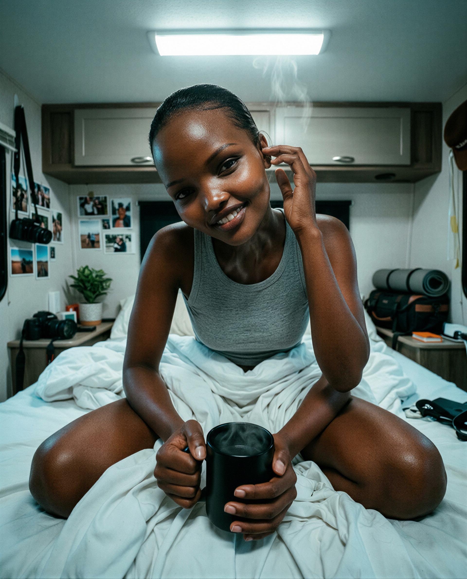 Got coffee, a smile, and no curfew—want to stay up with me? 😘, by Tchaba Cherif