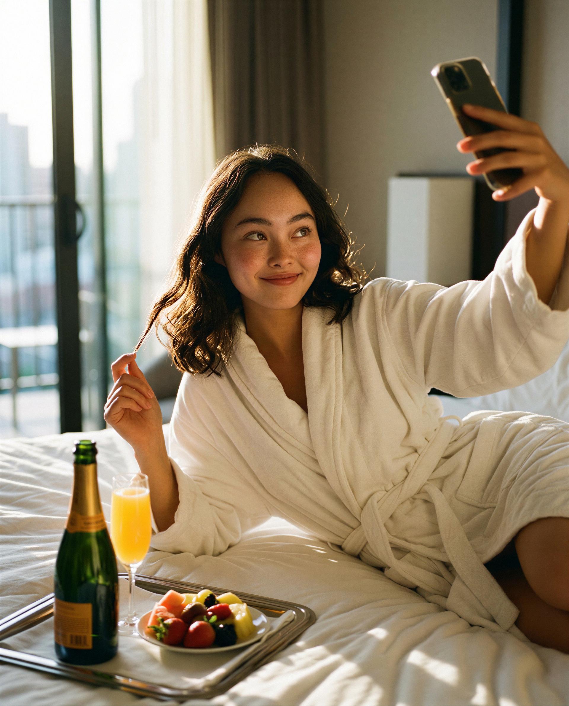 Champagne, my robe, and a bed with your name on it—come make this morning unforgettable. 🥂😉, by Aisha Nguyen