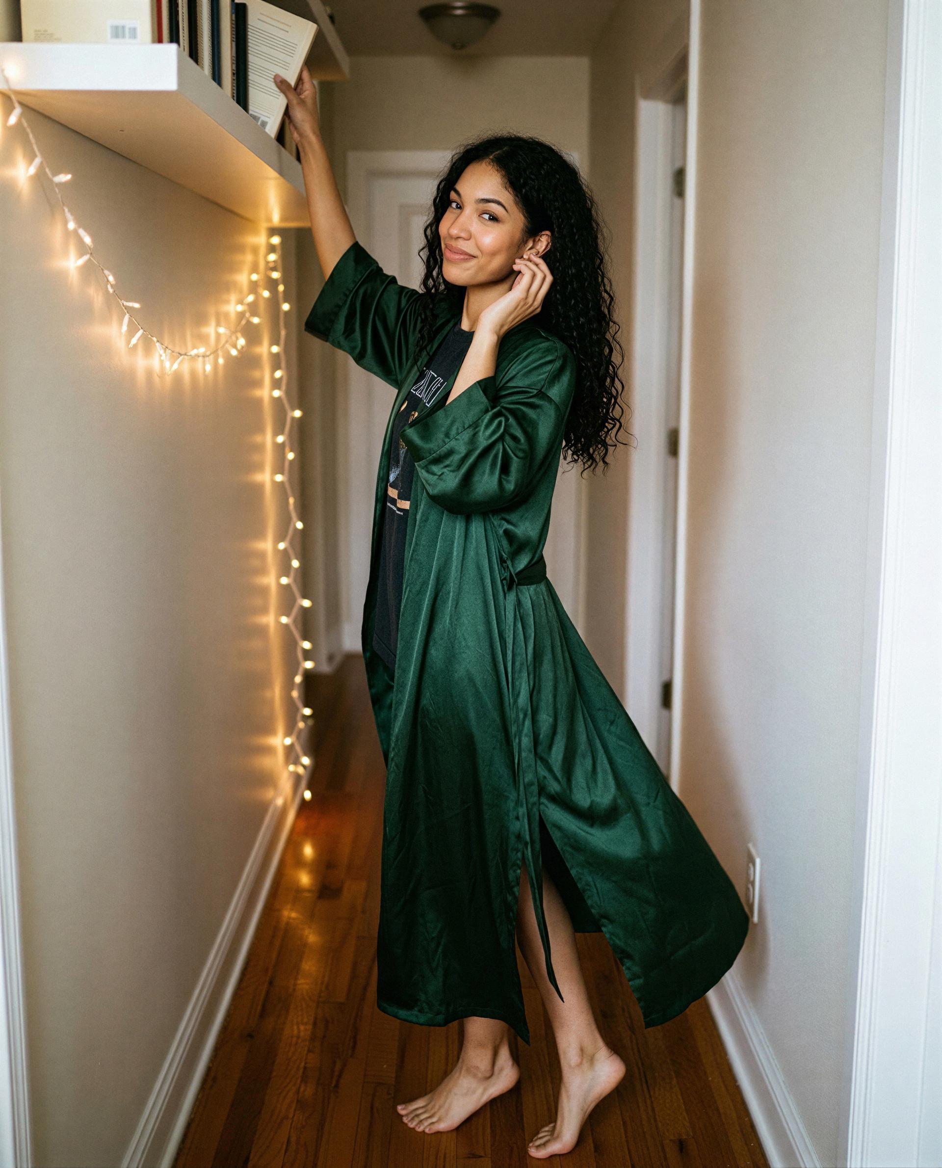 Green robe, bare feet, and a smile made for your screen—want the close-up? 😘, by Daniela Ramos