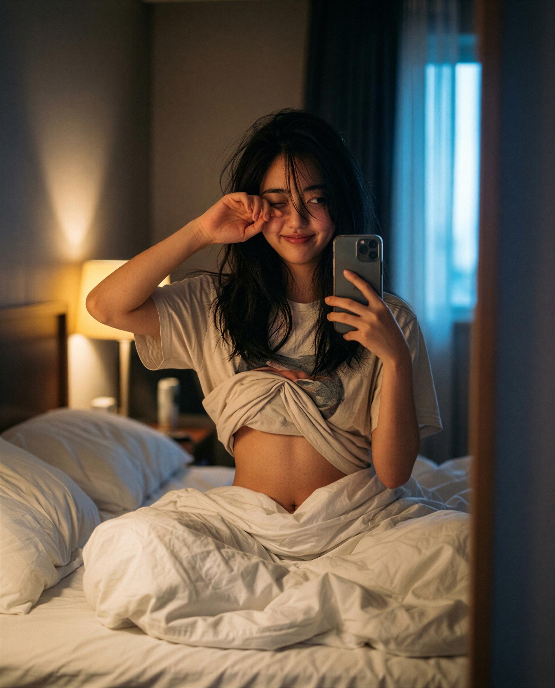 Still half-asleep and fully available - who's booking a private wake-up call? 😉, by Malika Chen