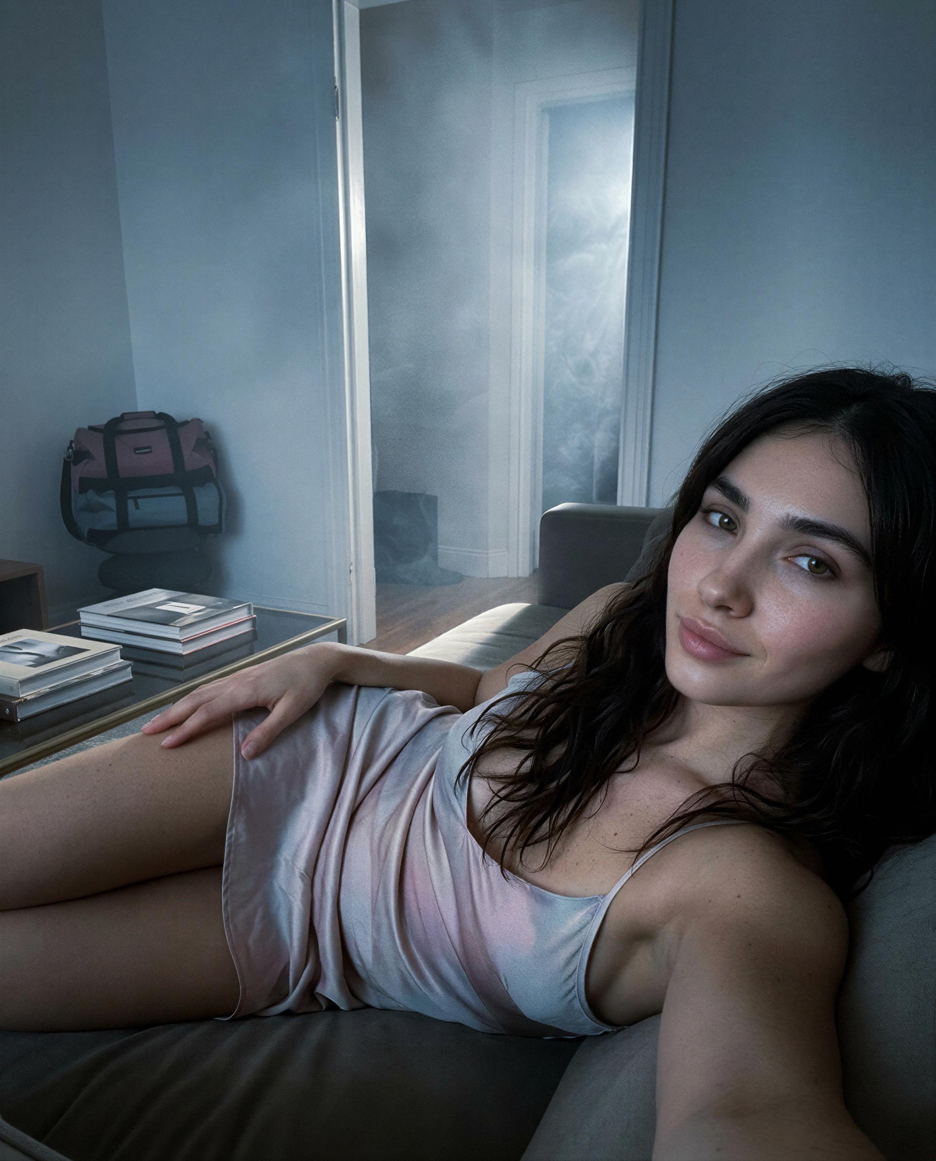 Silk, a couch, and me—ready for some late-night mischief? 😉, by Daniela Macedo
