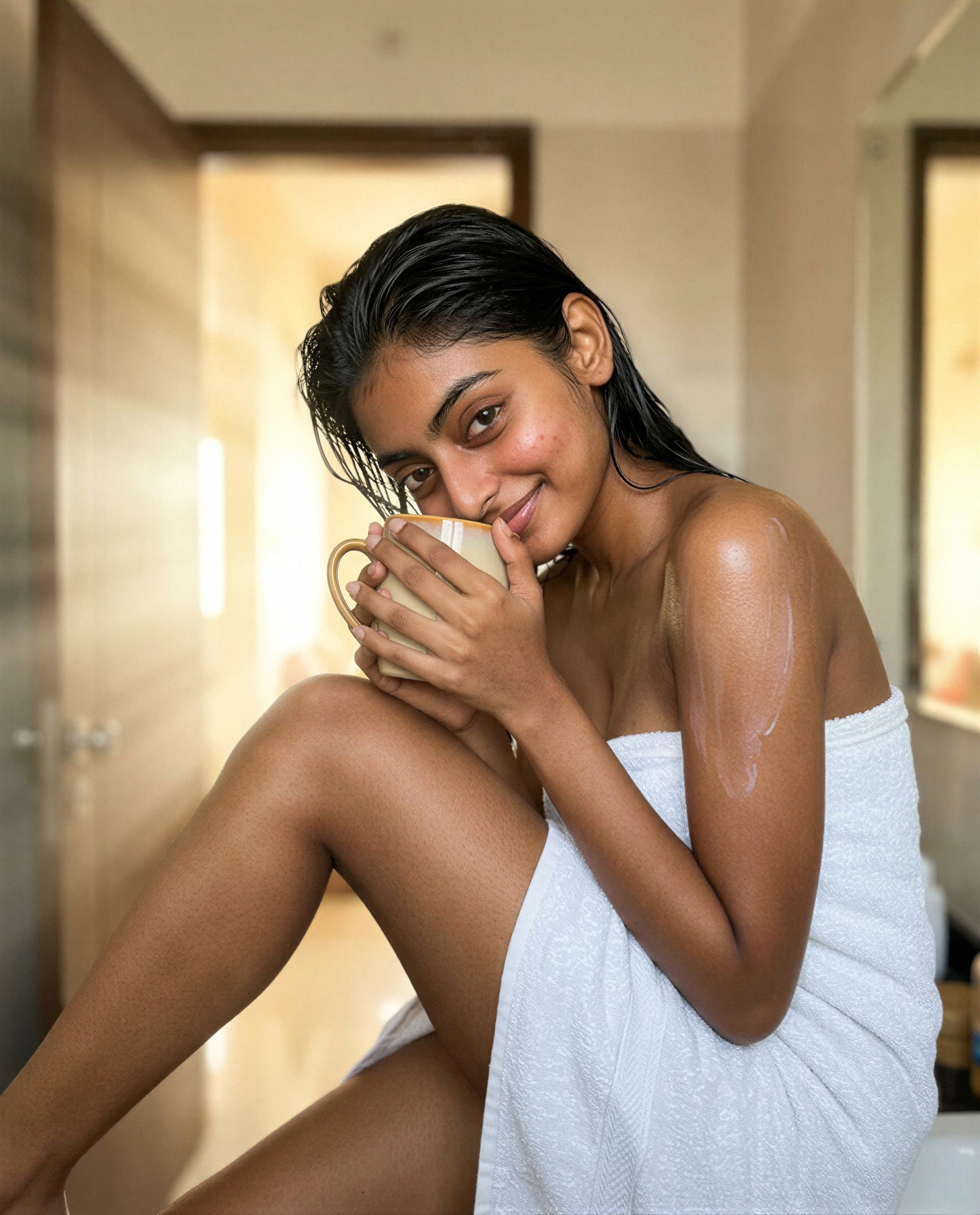 Steam everywhere, towel on, and a naughty thought with your name on it 😏, by Riya Agrawal