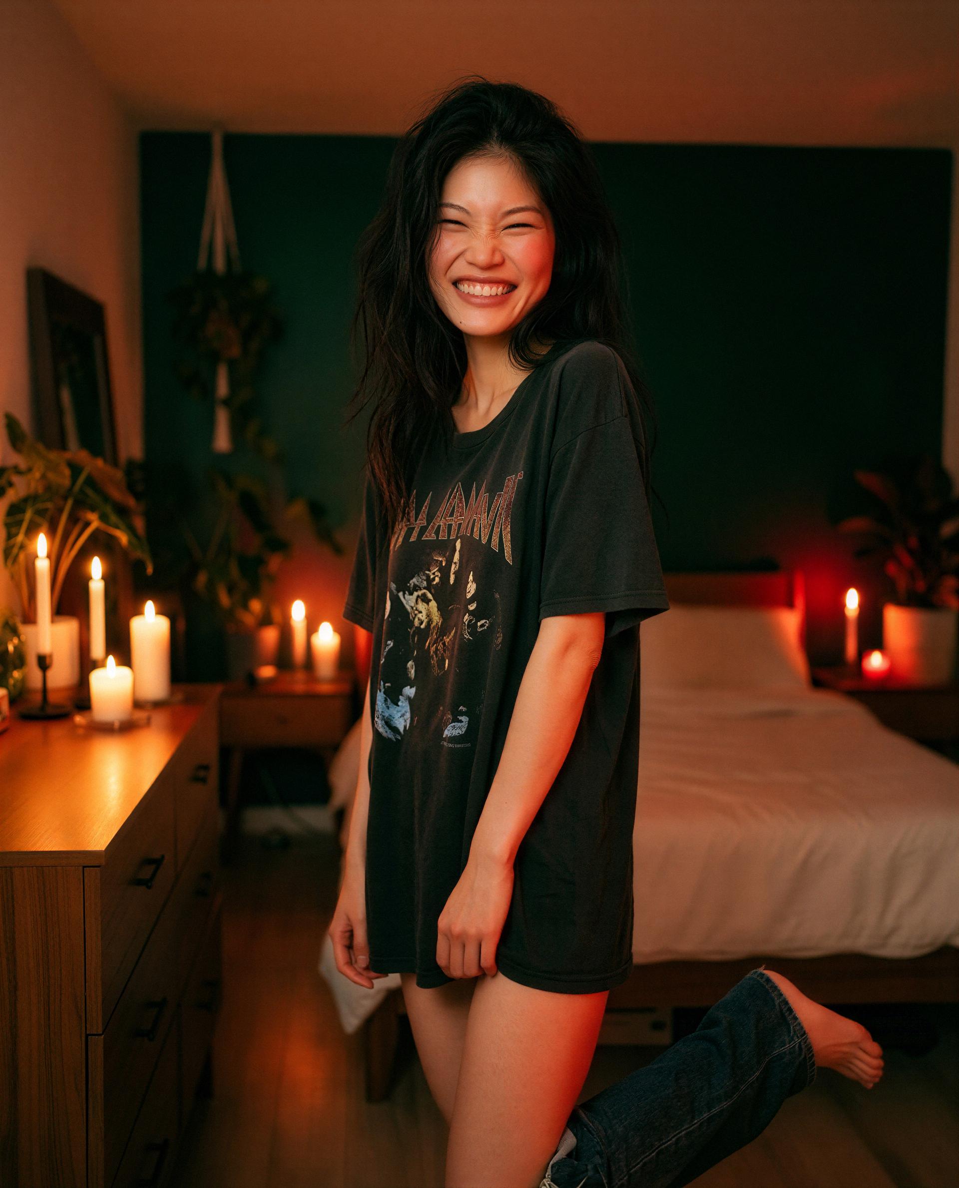 candles, oversized tee, and a grin—care to make this private and keep me up all night? 😳✨, by Chloe Nguyen