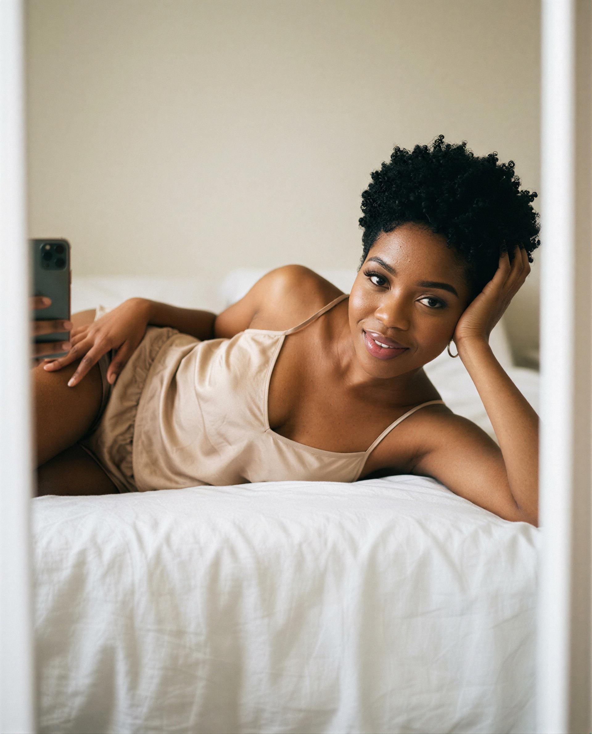 Late-night silk and my phone—wanna see more? 🔥, by Ebony Wilson