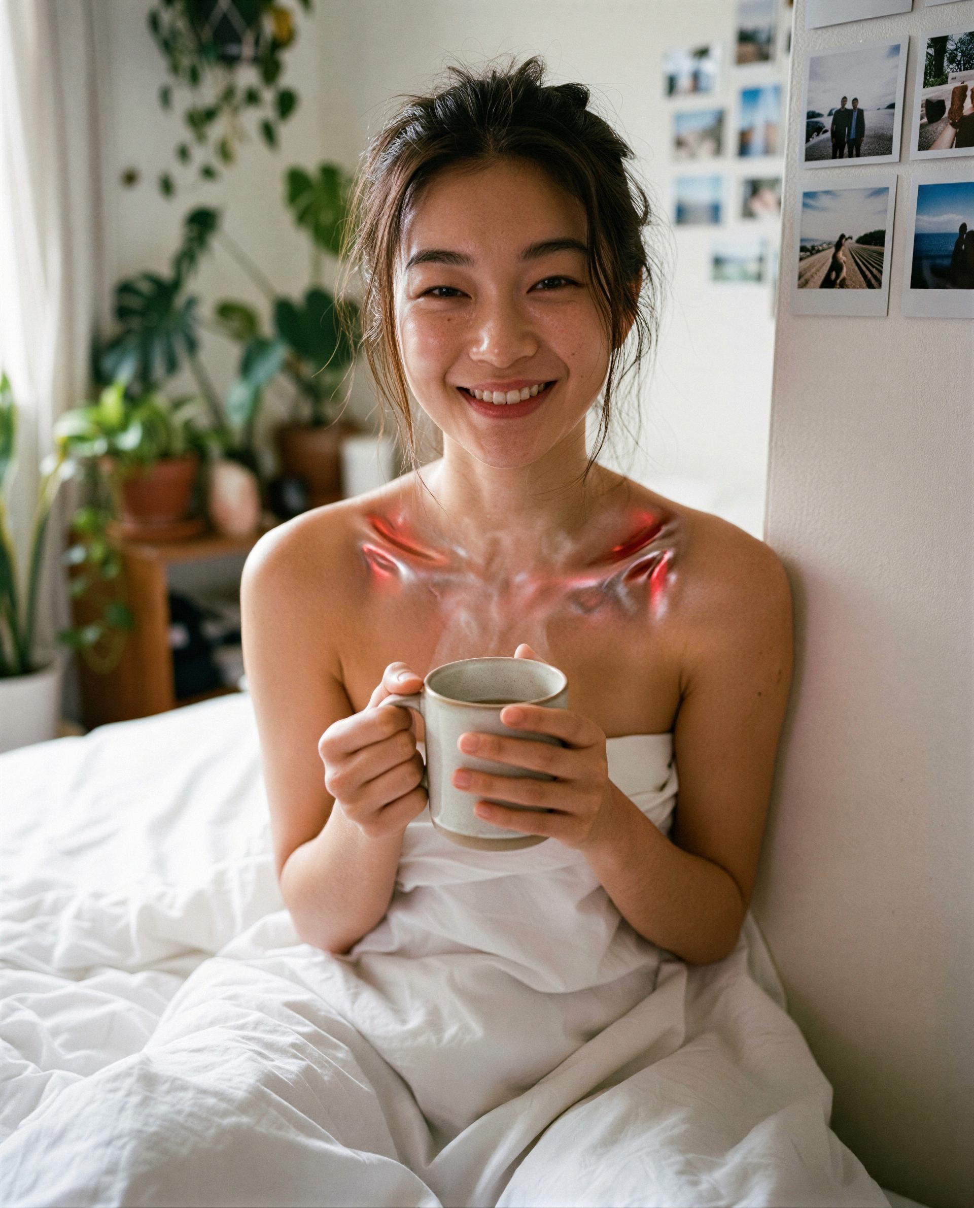 Steaming mug, slow smile - want the VIP pour? 😉, by Chloe Nguyen