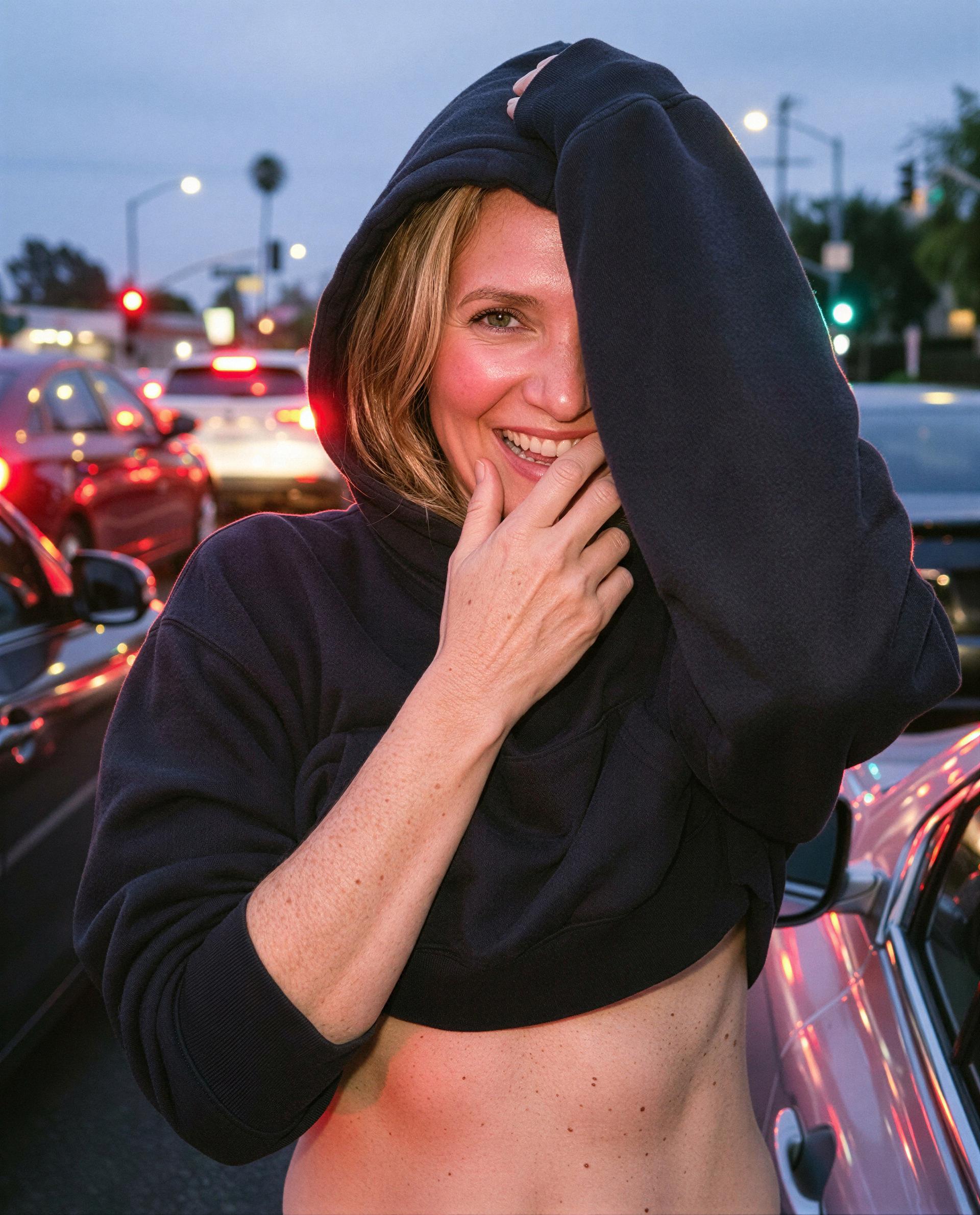 Hood up, peek down - slide into my DMs and I’ll make rush hour worth the wait 😘, by Alessia Santi